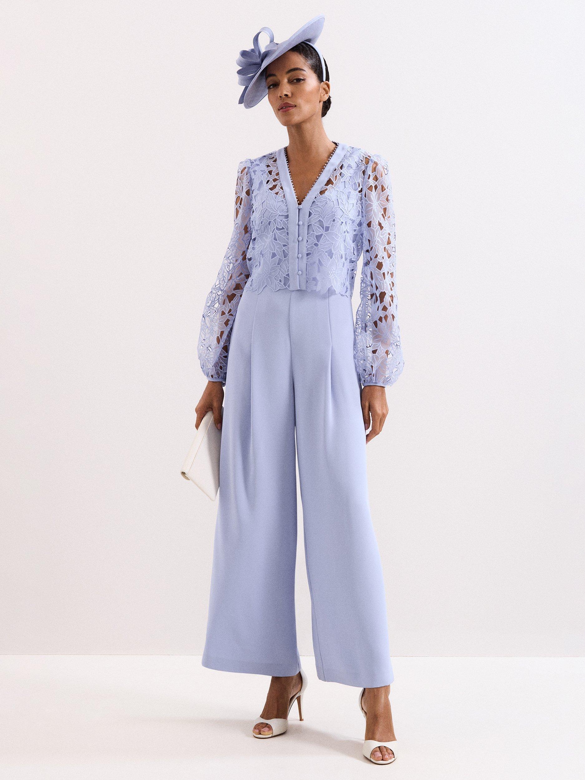 Product image 1 of 9, which shows Phase Eight Petite Winona Lace Top Jumpsuit, Pale Blue, 10