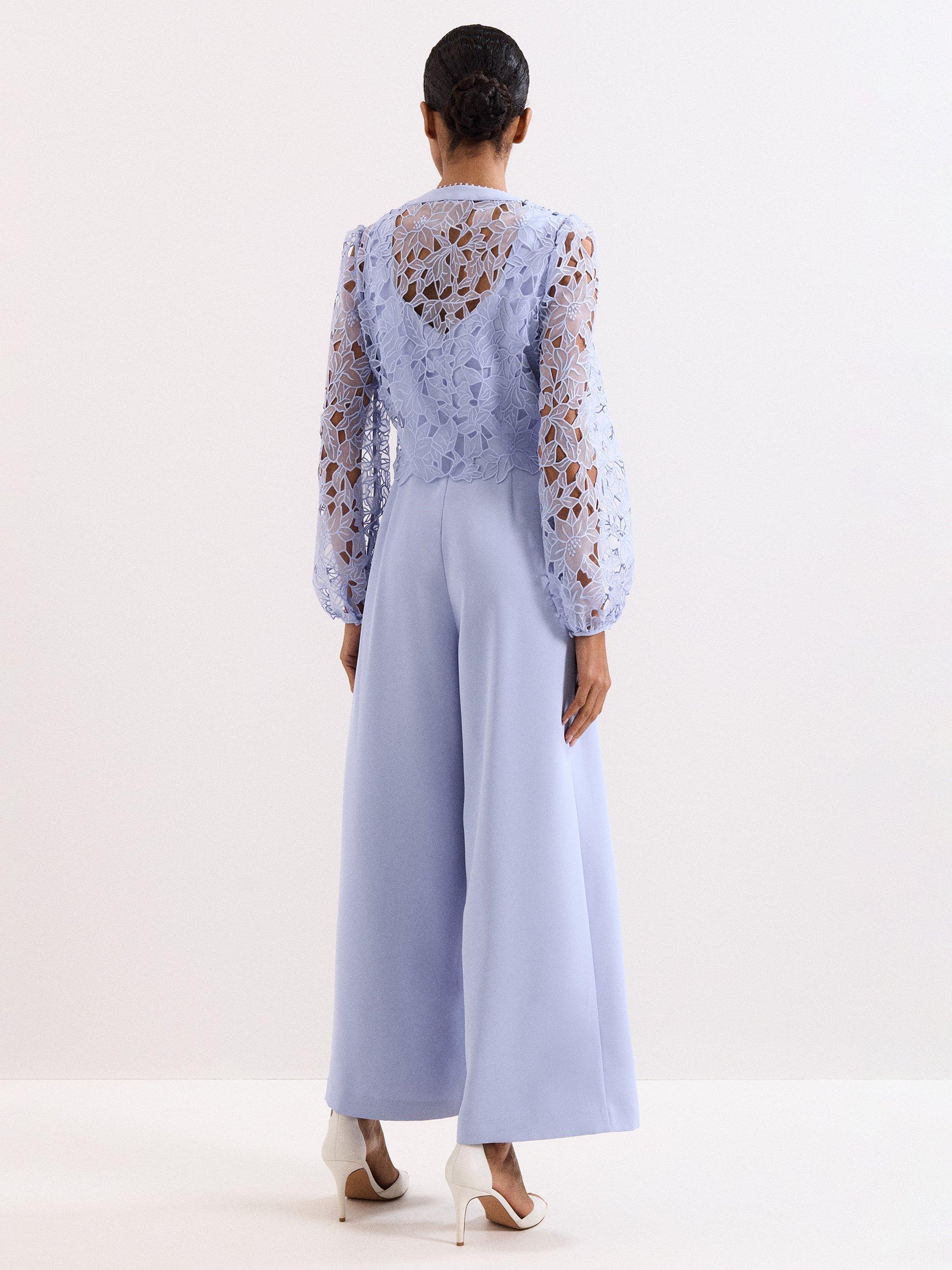 Product image 2 of 9, which shows Phase Eight Petite Winona Lace Top Jumpsuit, Pale Blue, 10