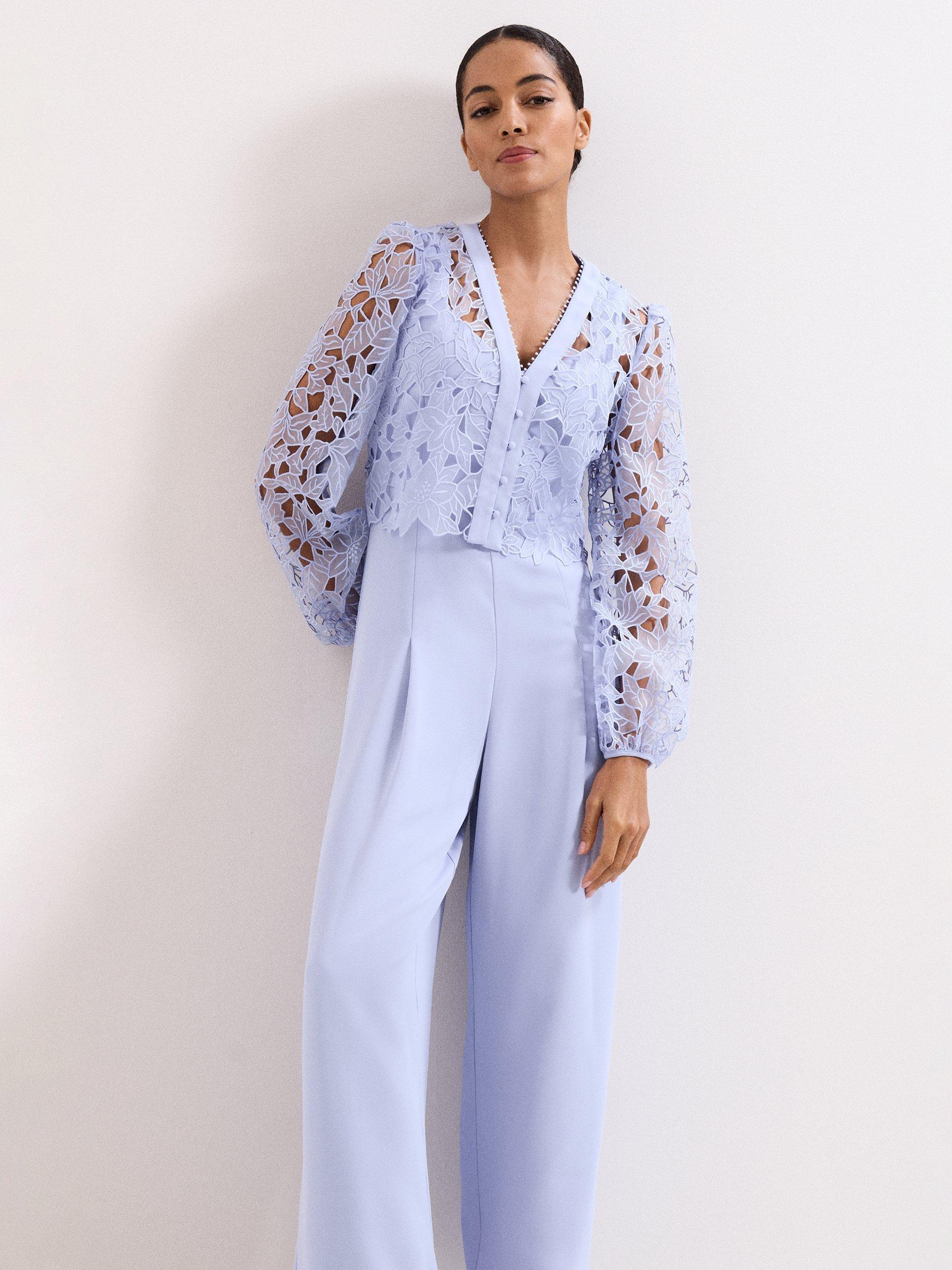 Product image 3 of 9, which shows Phase Eight Petite Winona Lace Top Jumpsuit, Pale Blue, 10