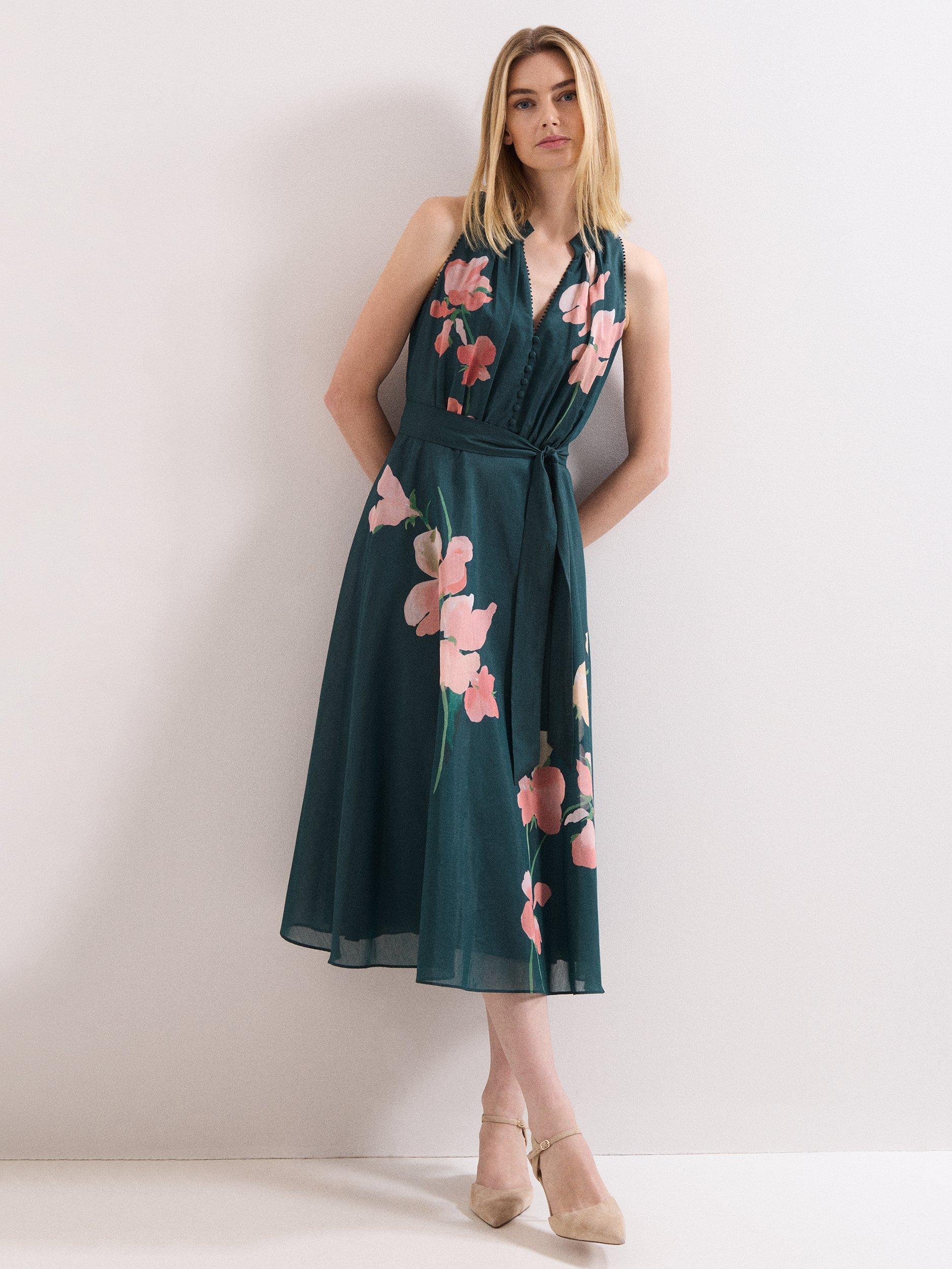 Product image 1 of 9, which shows Phase Eight Lucinda Button Neck Floral Dress, Teal/Multi, 10