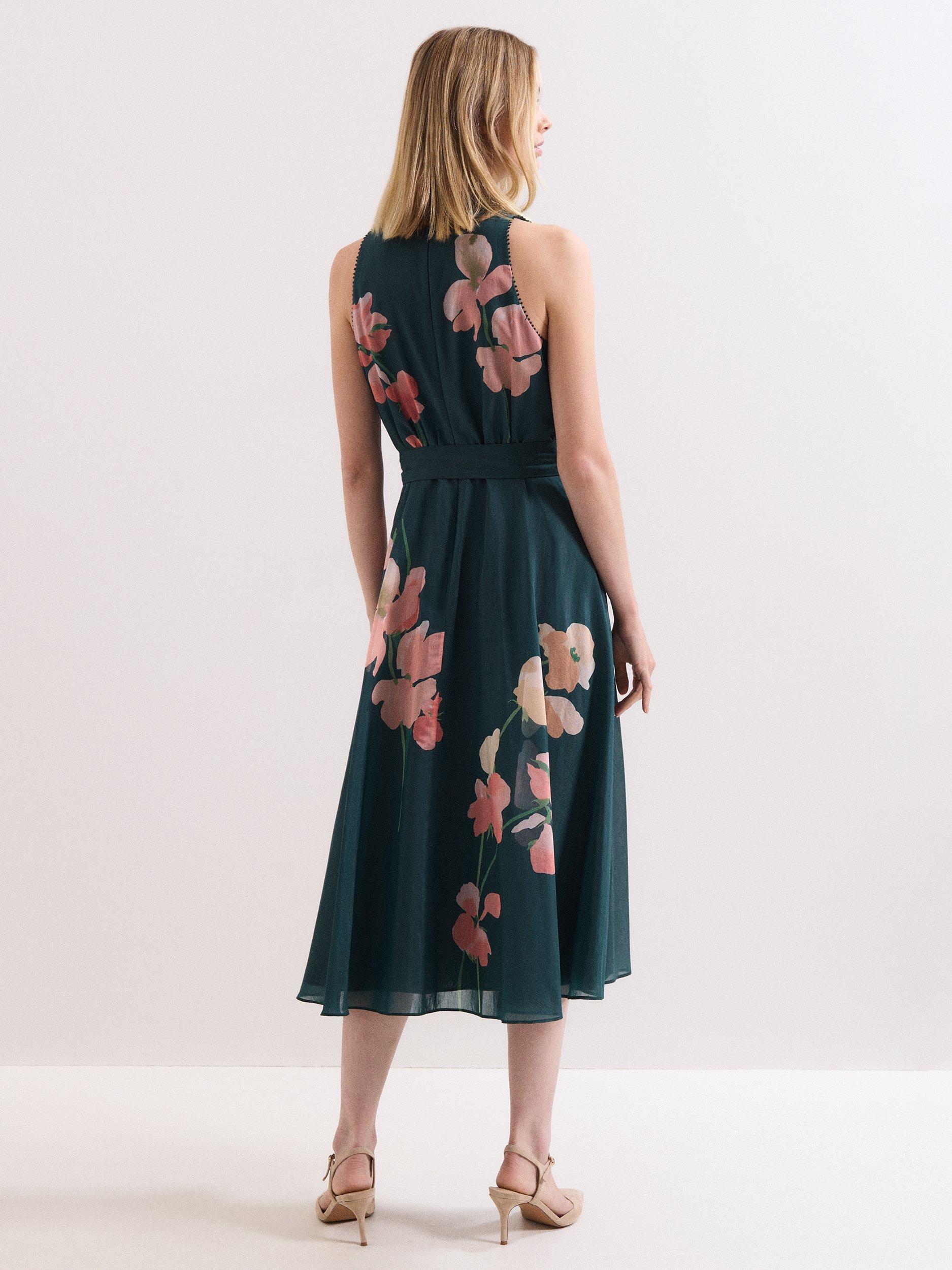 Product image 2 of 9, which shows Phase Eight Lucinda Button Neck Floral Dress, Teal/Multi, 10