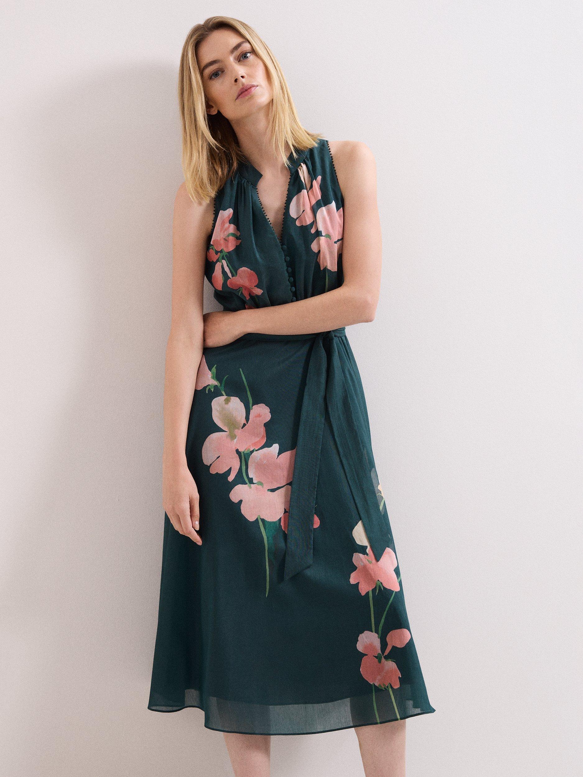 Product image 3 of 9, which shows Phase Eight Lucinda Button Neck Floral Dress, Teal/Multi, 10