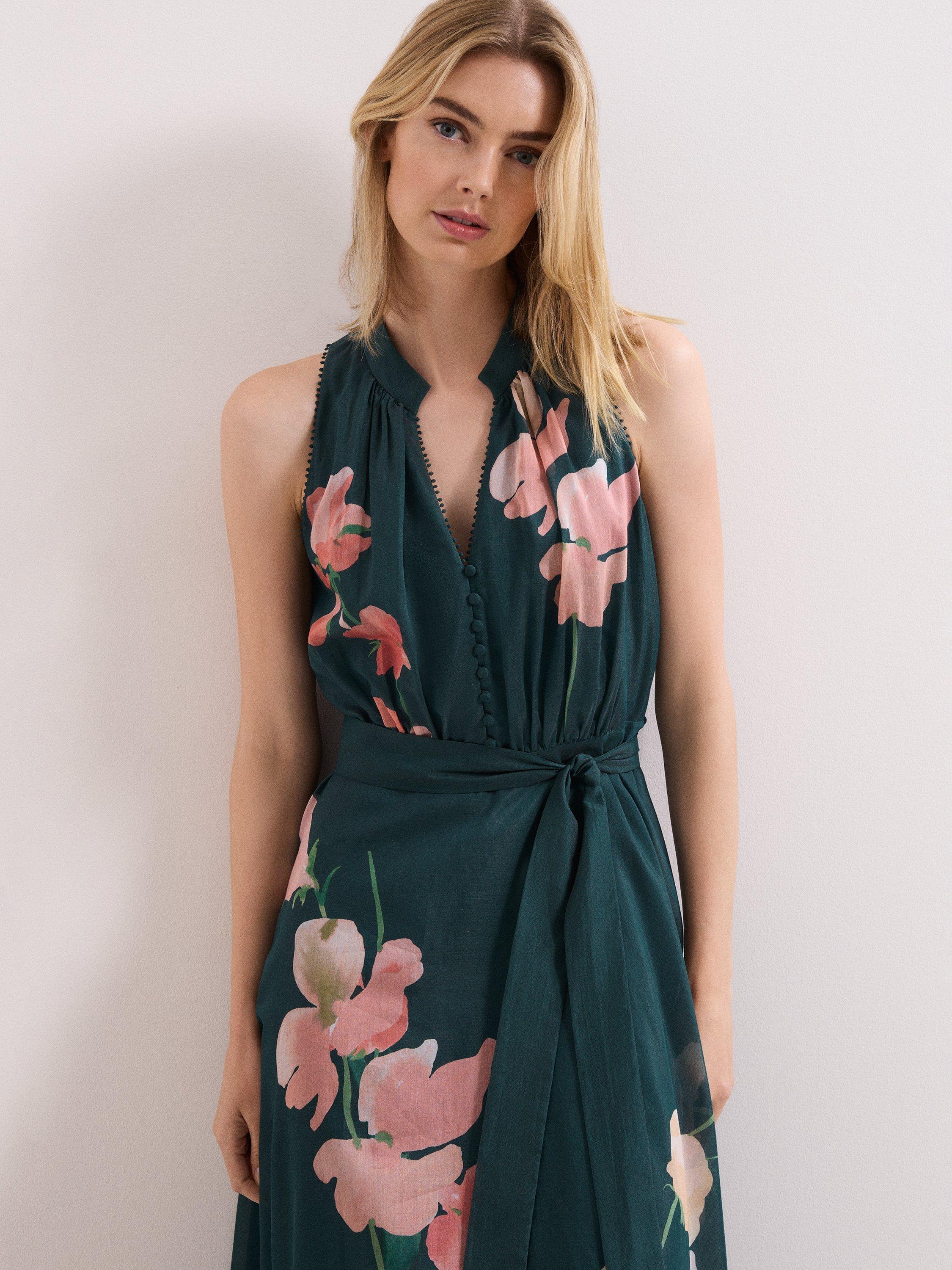 Product image 4 of 9, which shows Phase Eight Lucinda Button Neck Floral Dress, Teal/Multi, 10