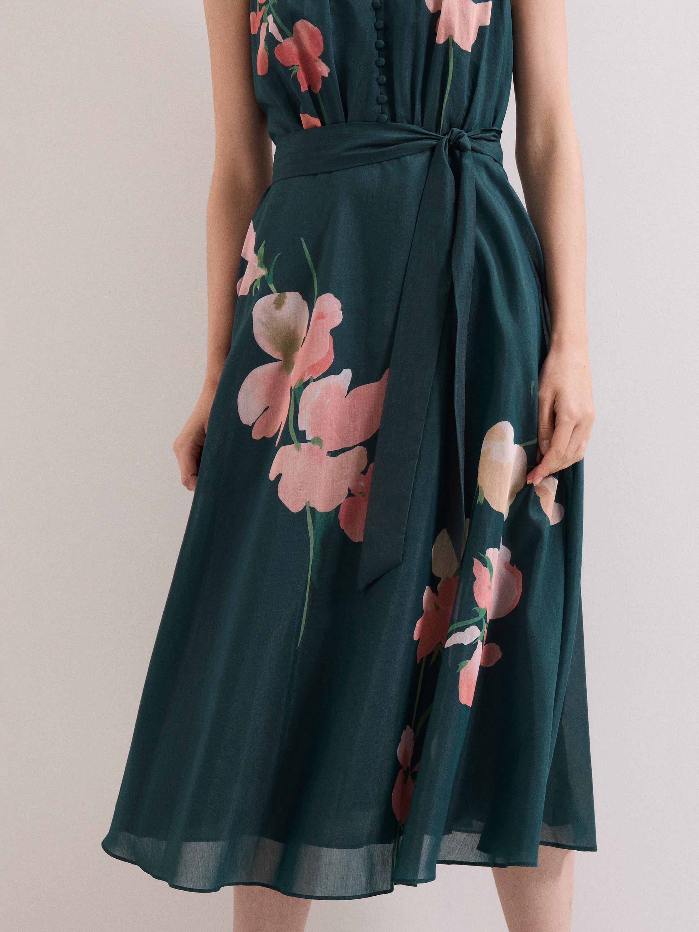 Product image 8 of 9, which shows Phase Eight Lucinda Button Neck Floral Dress, Teal/Multi, 10