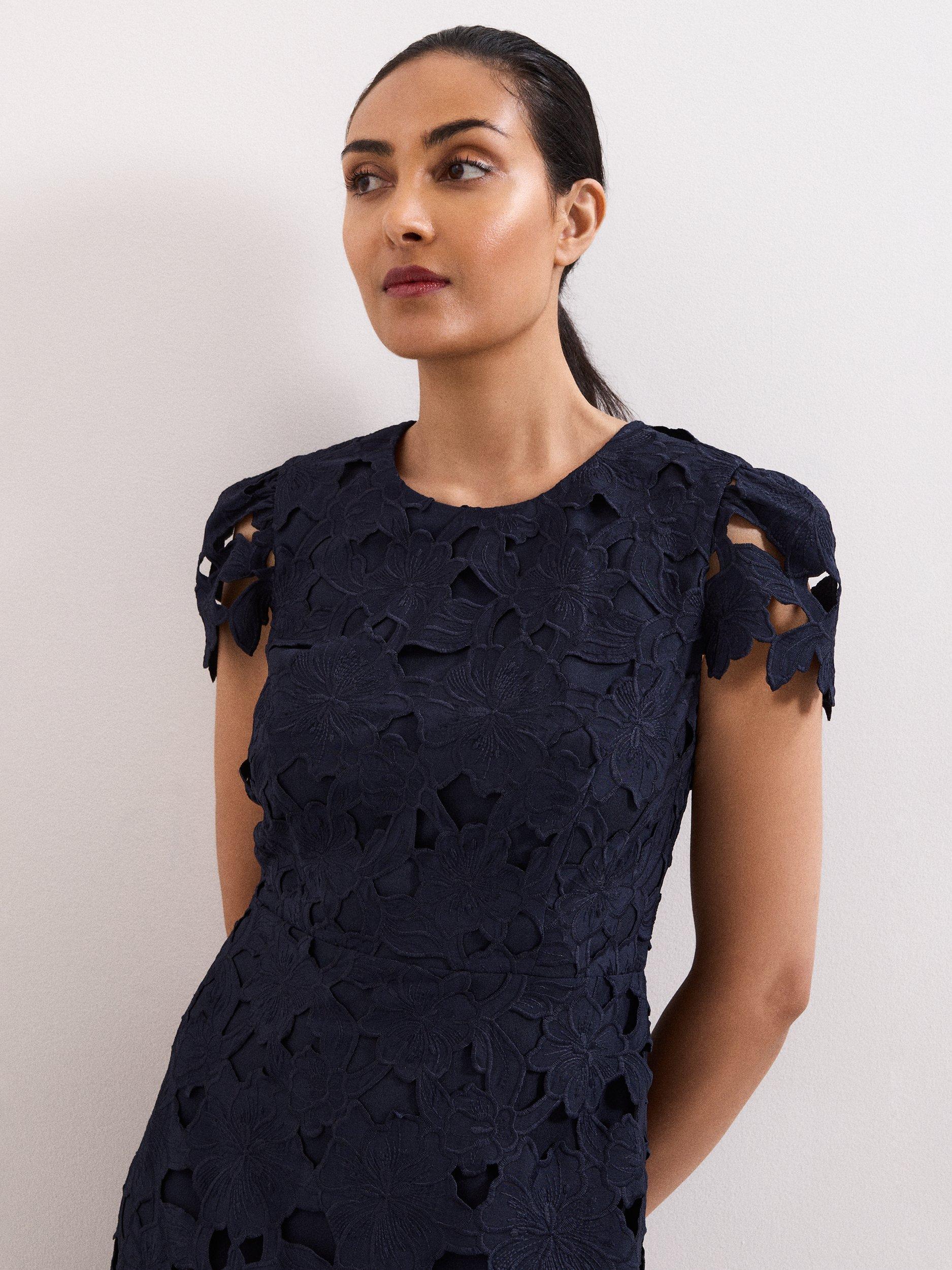 Product image 4 of 9, which shows Phase Eight Petite Leilani Lace Midi Dress, Navy, 10