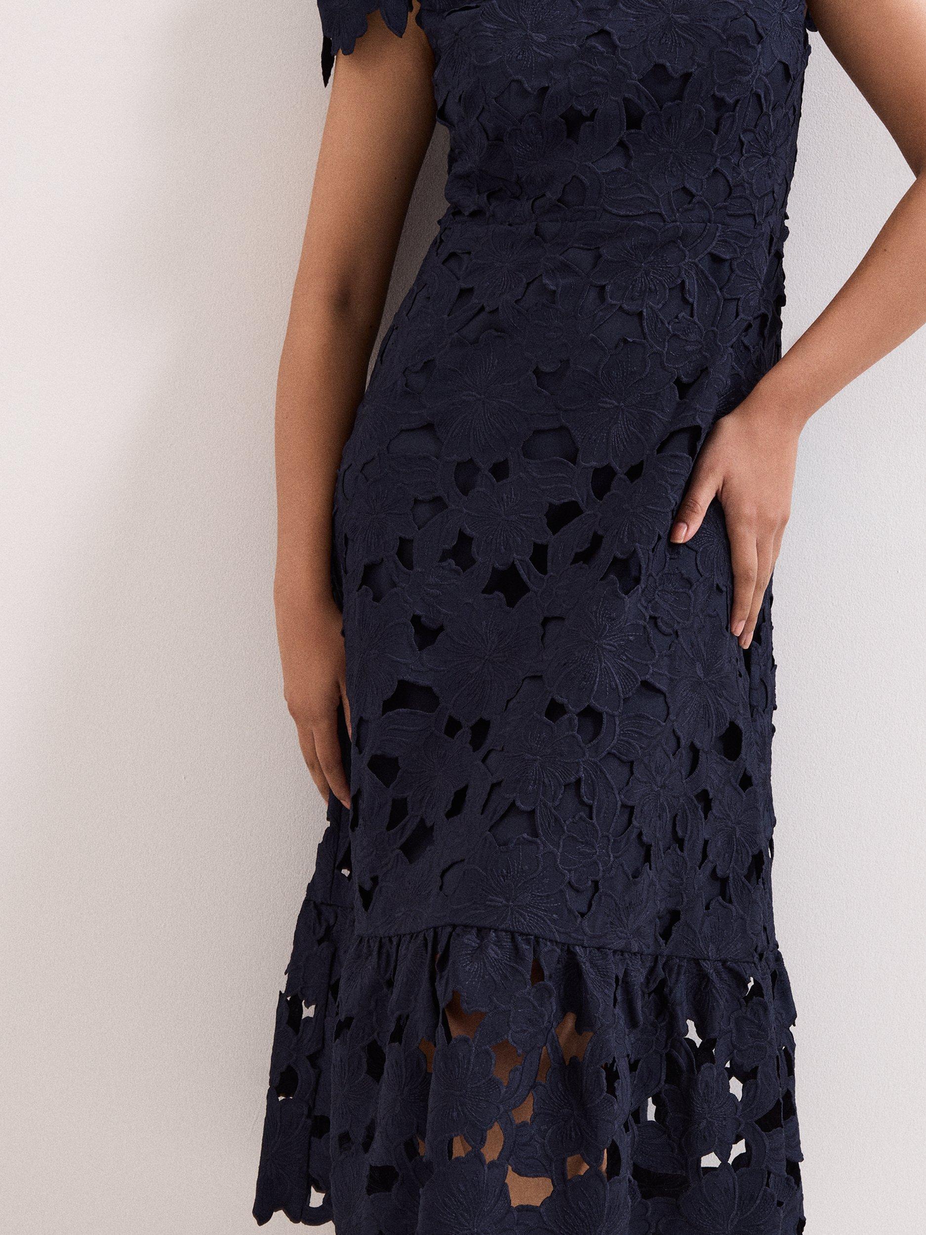 Product image 7 of 9, which shows Phase Eight Petite Leilani Lace Midi Dress, Navy, 10