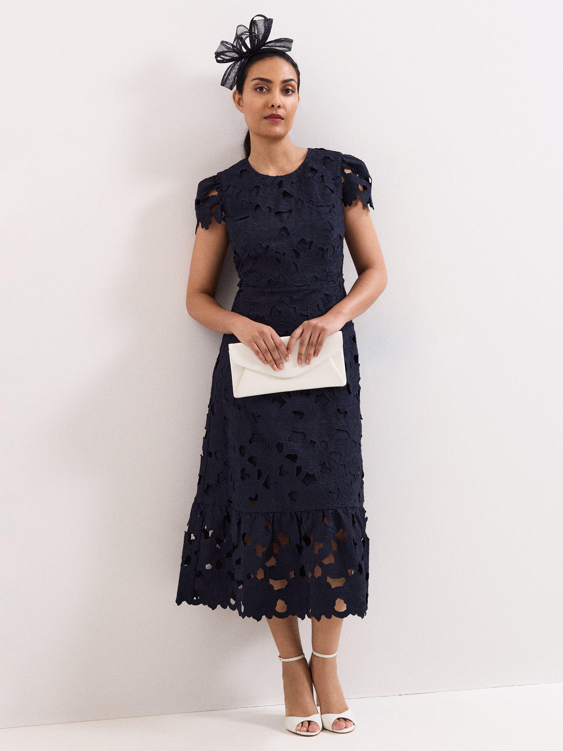Product image 9 of 9, which shows Phase Eight Petite Leilani Lace Midi Dress, Navy, 10