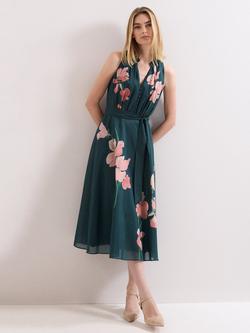 Phase Eight Petite Lucinda Button Neck Floral Dress, Teal/Multi, Teal/Multi