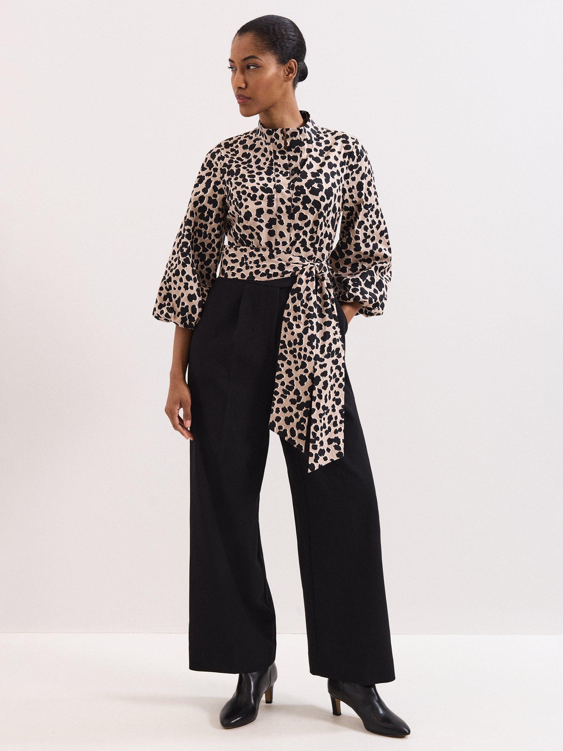 Product image 1 of 8, which shows Phase Eight Bree Leopard Print Wide Leg Jumpsuit, Black/Multi, 10