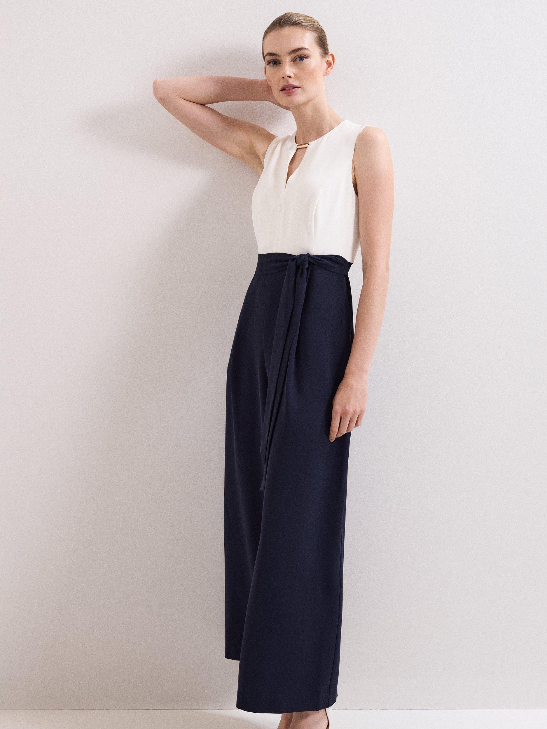 Product image 3 of 9, which shows Phase Eight Brylee Colour Block Jumpsuit, Navy/Ivory, 10