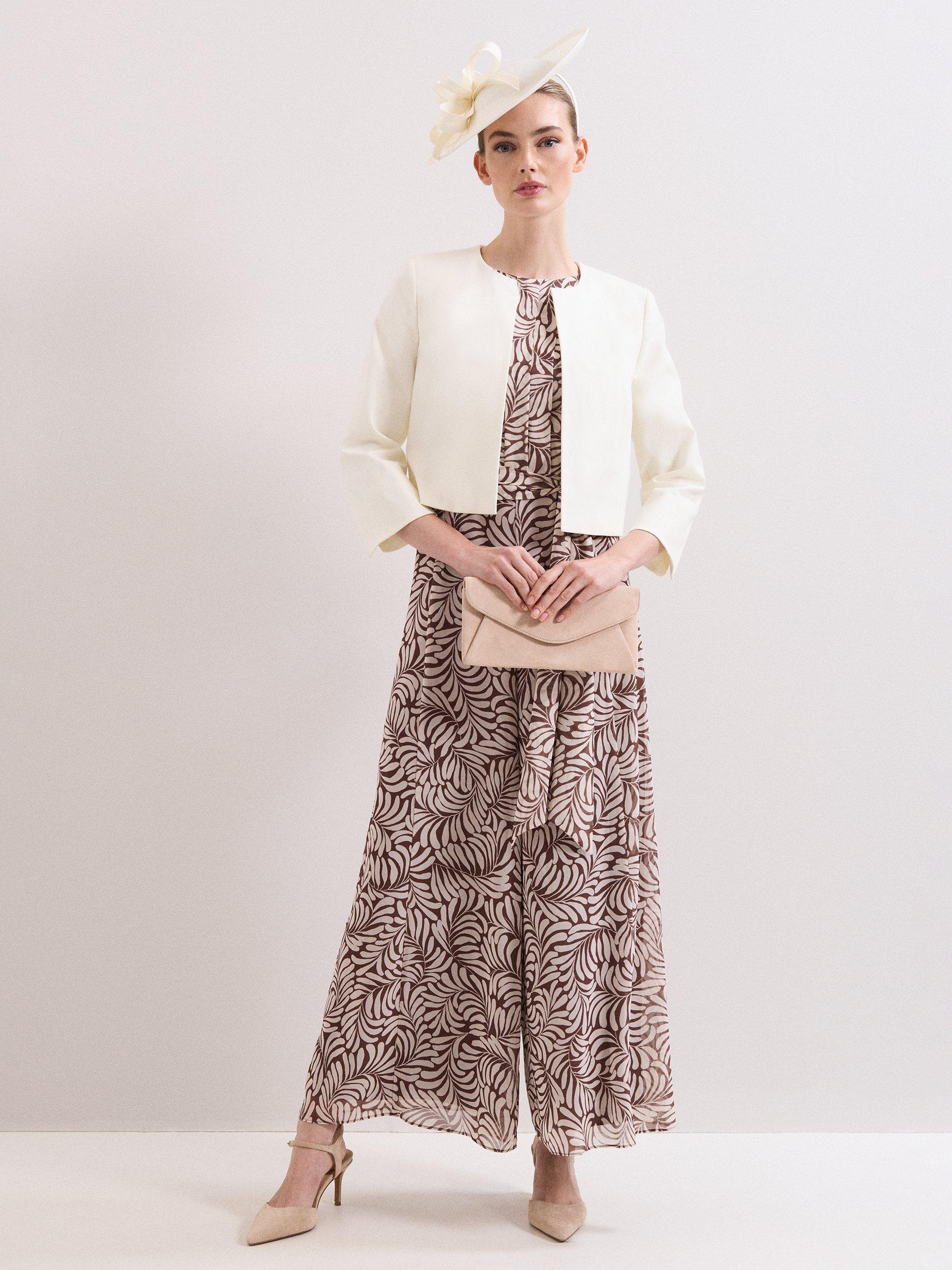 Product image 8 of 8, which shows Phase Eight Janine Leaf Print Jumpsuit, Latte, 10