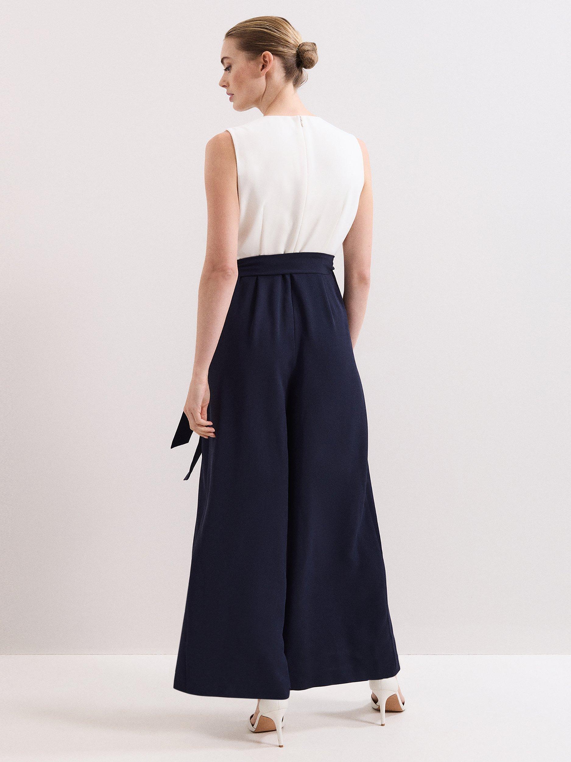 Product image 2 of 9, which shows Phase Eight Petite Brylee Colour Block Jumpsuit, Navy/Ivory, 10