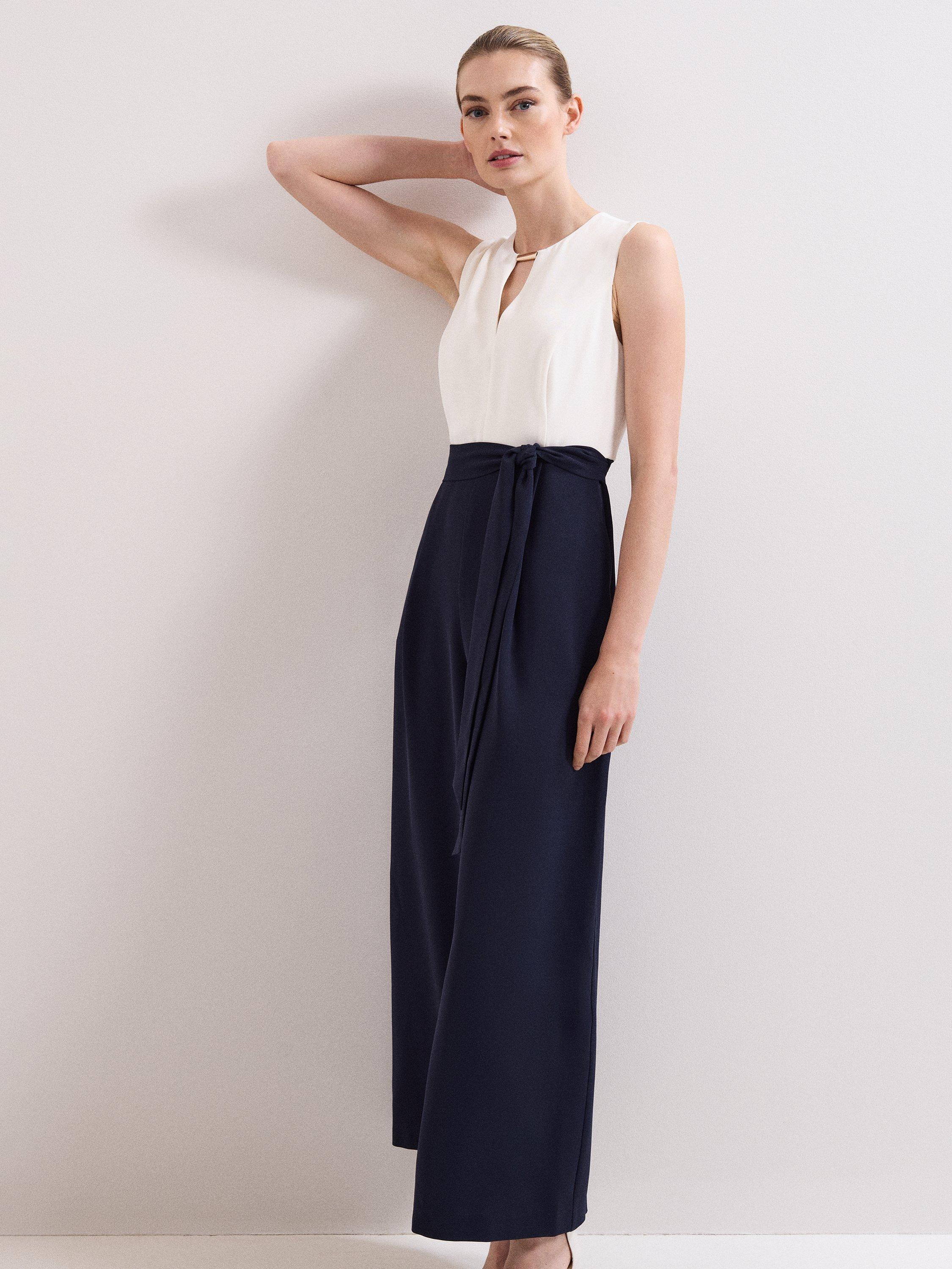Product image 3 of 9, which shows Phase Eight Petite Brylee Colour Block Jumpsuit, Navy/Ivory, 10
