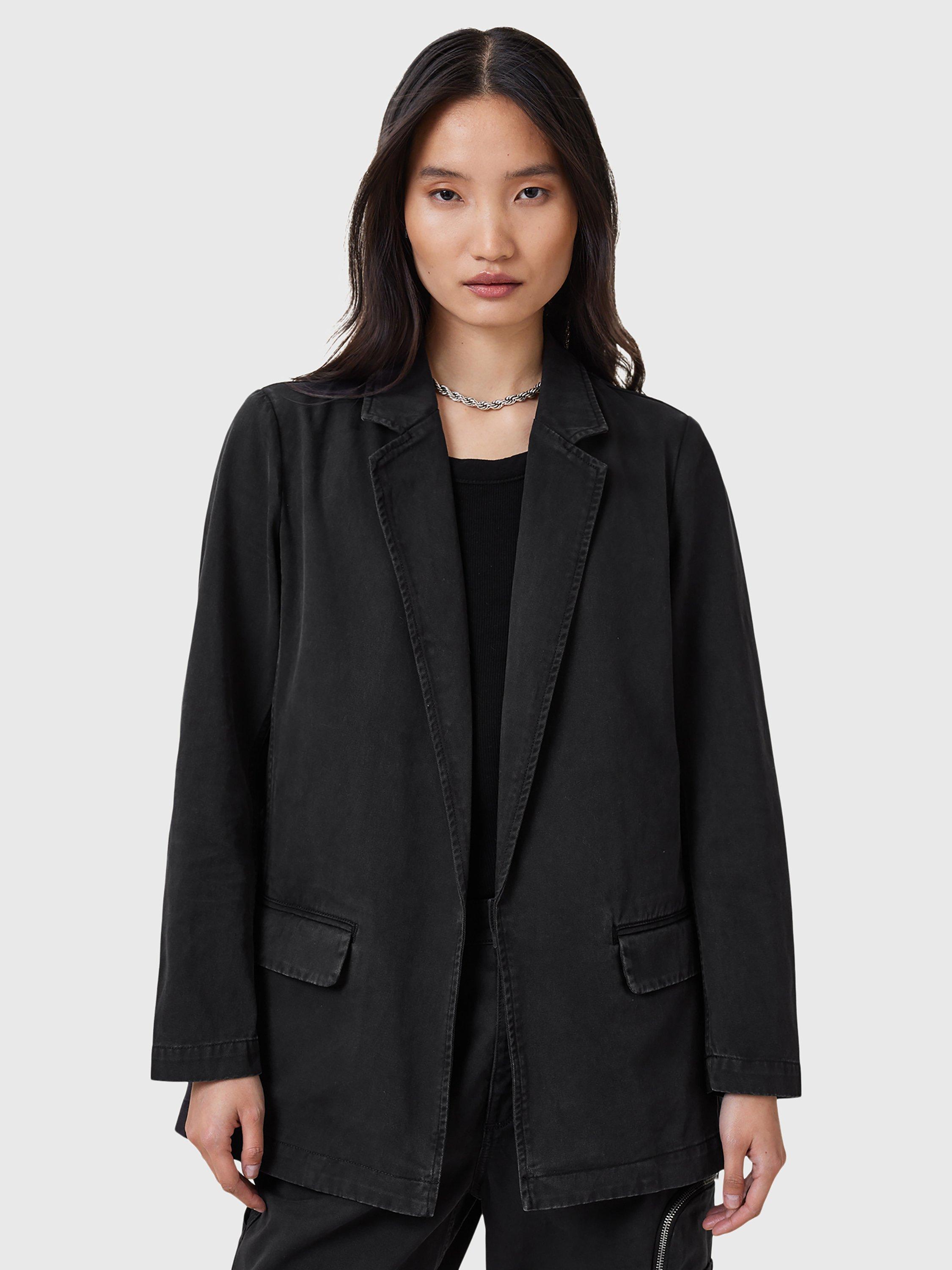 Product image 1 of 8, which shows AllSaints Aleida Cotton Denim Blazer, Washed Black, 16