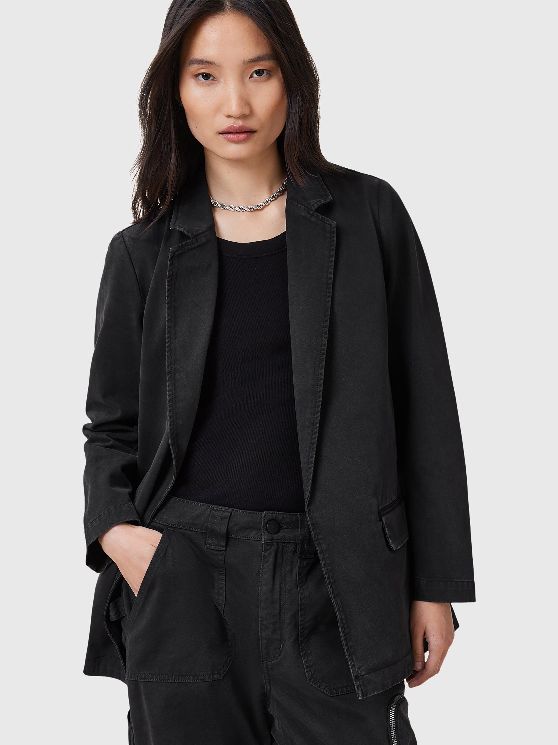 Product image 8 of 8, which shows AllSaints Aleida Cotton Denim Blazer, Washed Black, 16