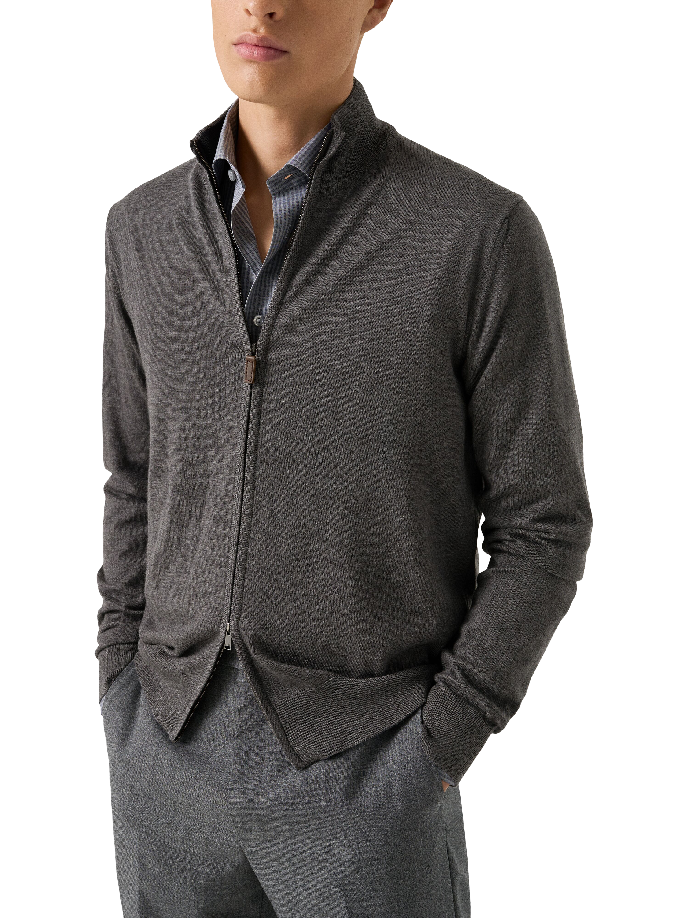 Product image 1 of 7, which shows Eton Wool Zip-Through Knit Cardigan, Grey, S