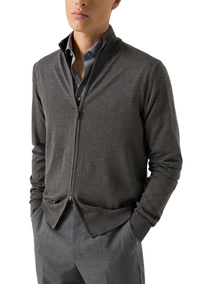 Eton Wool Zip-Through Knit Cardigan, Beige, Grey