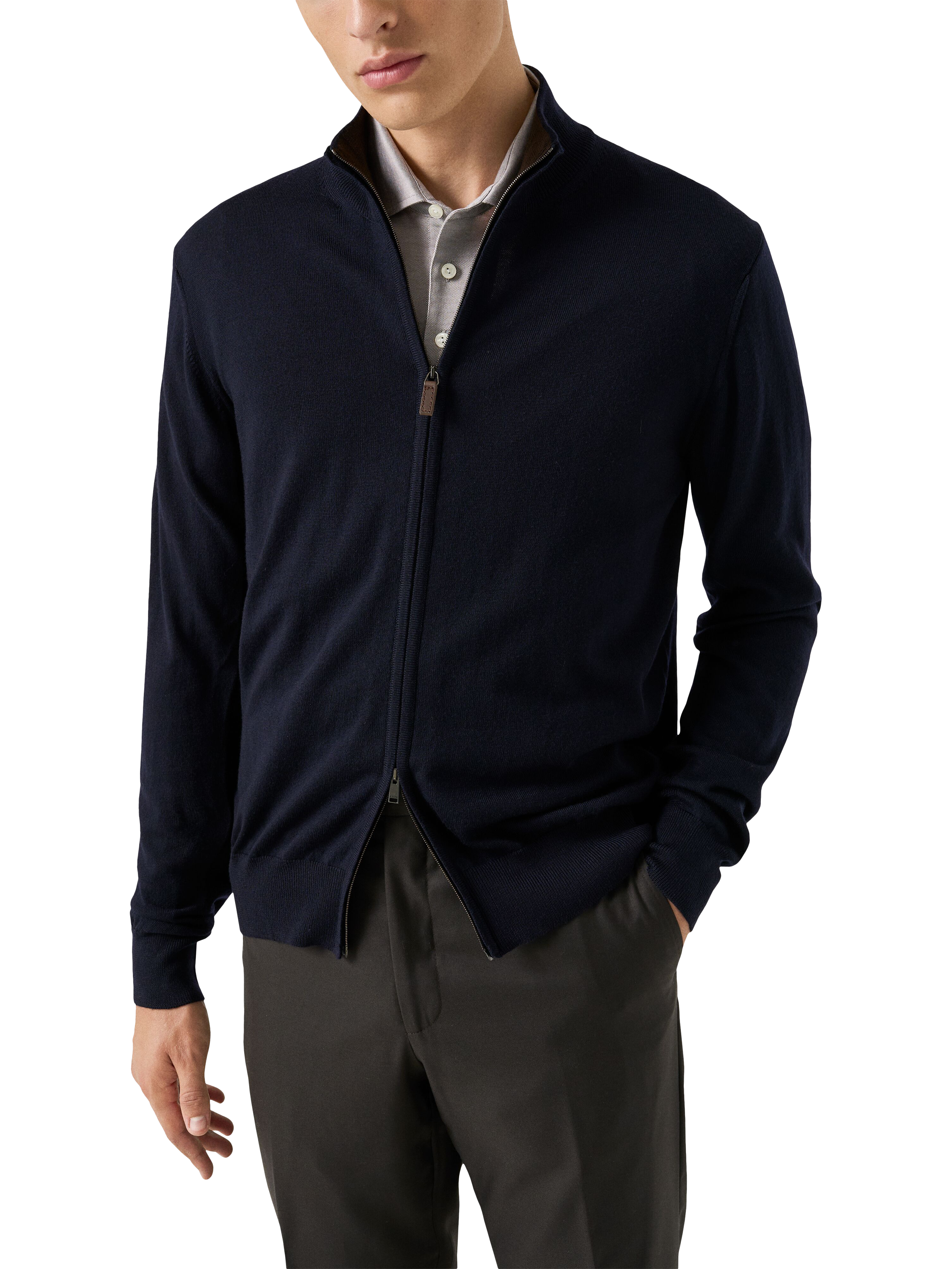 Product image 1 of 7, which shows Eton Wool Zip-Through Knit Cardigan, Navy, S