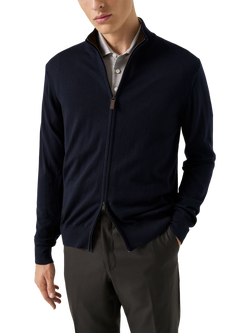 Eton Wool Zip-Through Knit Cardigan, Beige, Navy