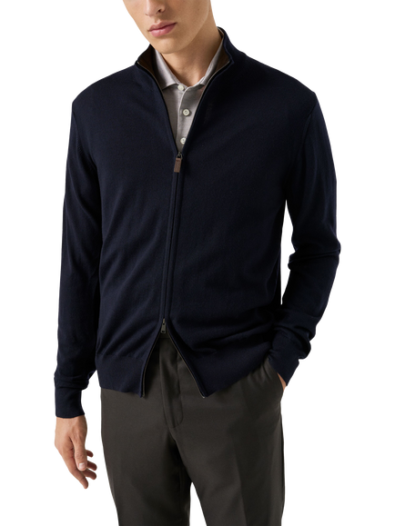 Eton Wool Zip-Through Knit Cardigan, Beige, Navy