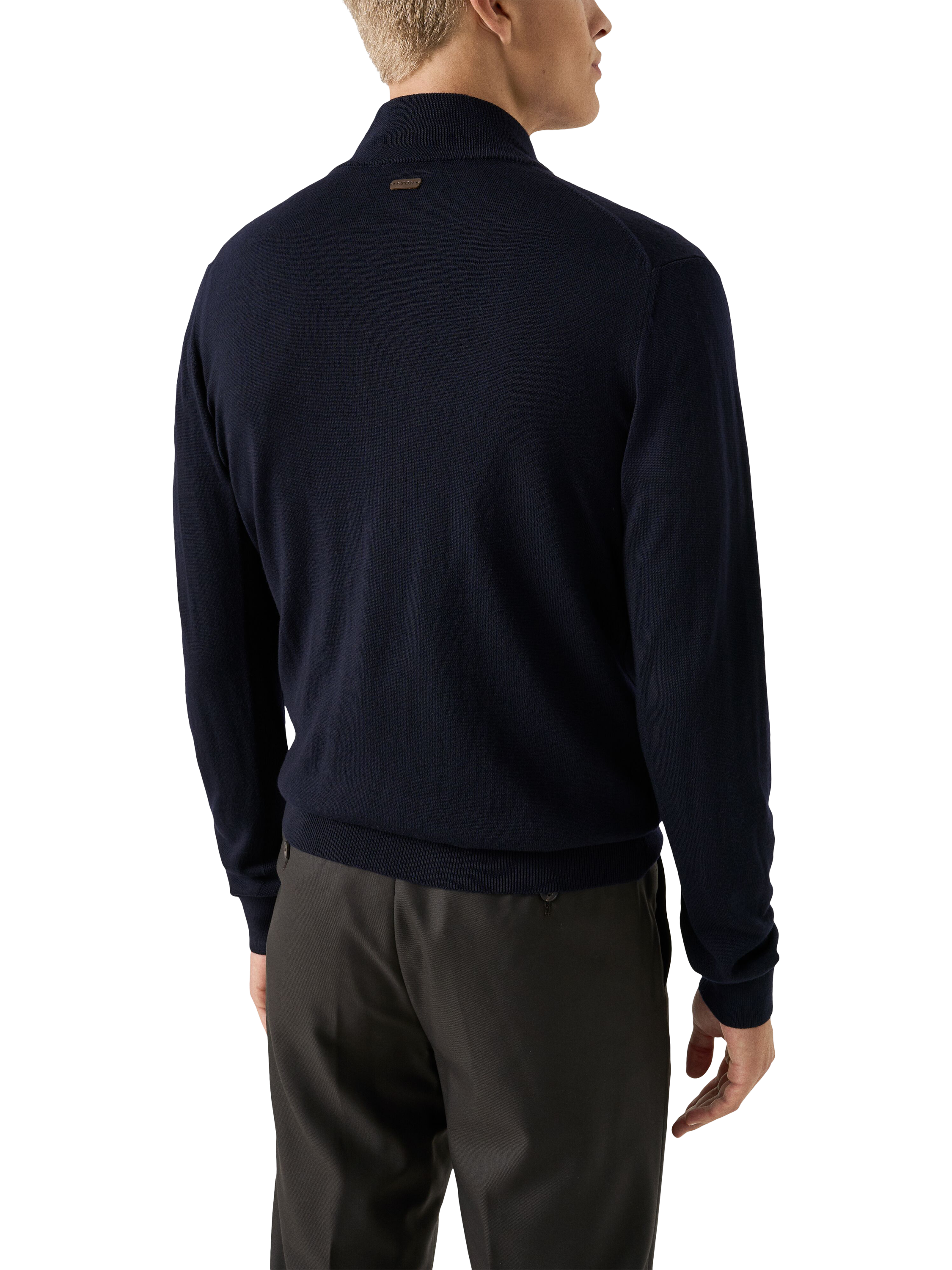 Product image 2 of 7, which shows Eton Wool Zip-Through Knit Cardigan, Navy, S