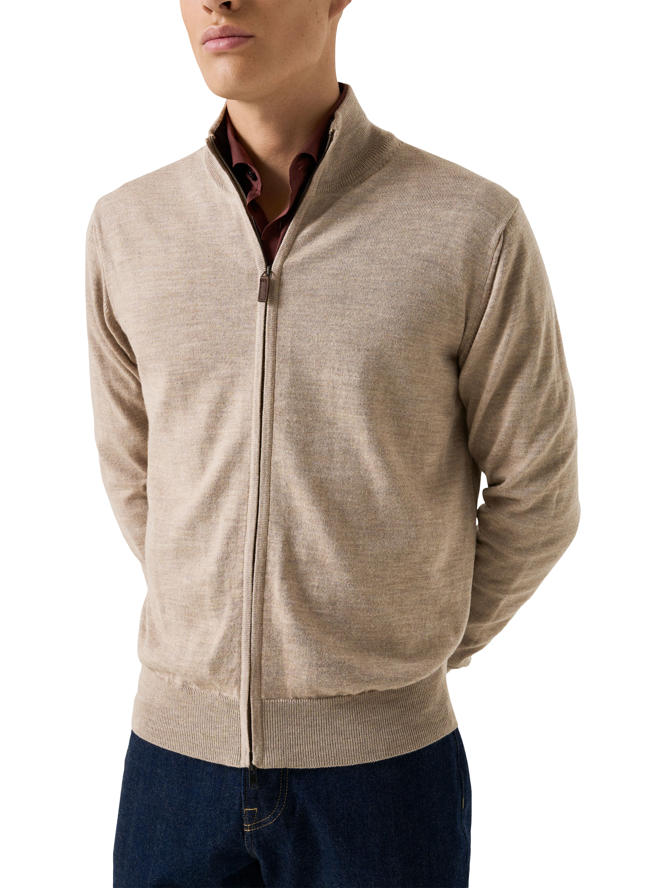 Product image 1 of 7, which shows Eton Wool Zip-Through Knit Cardigan, Beige, S