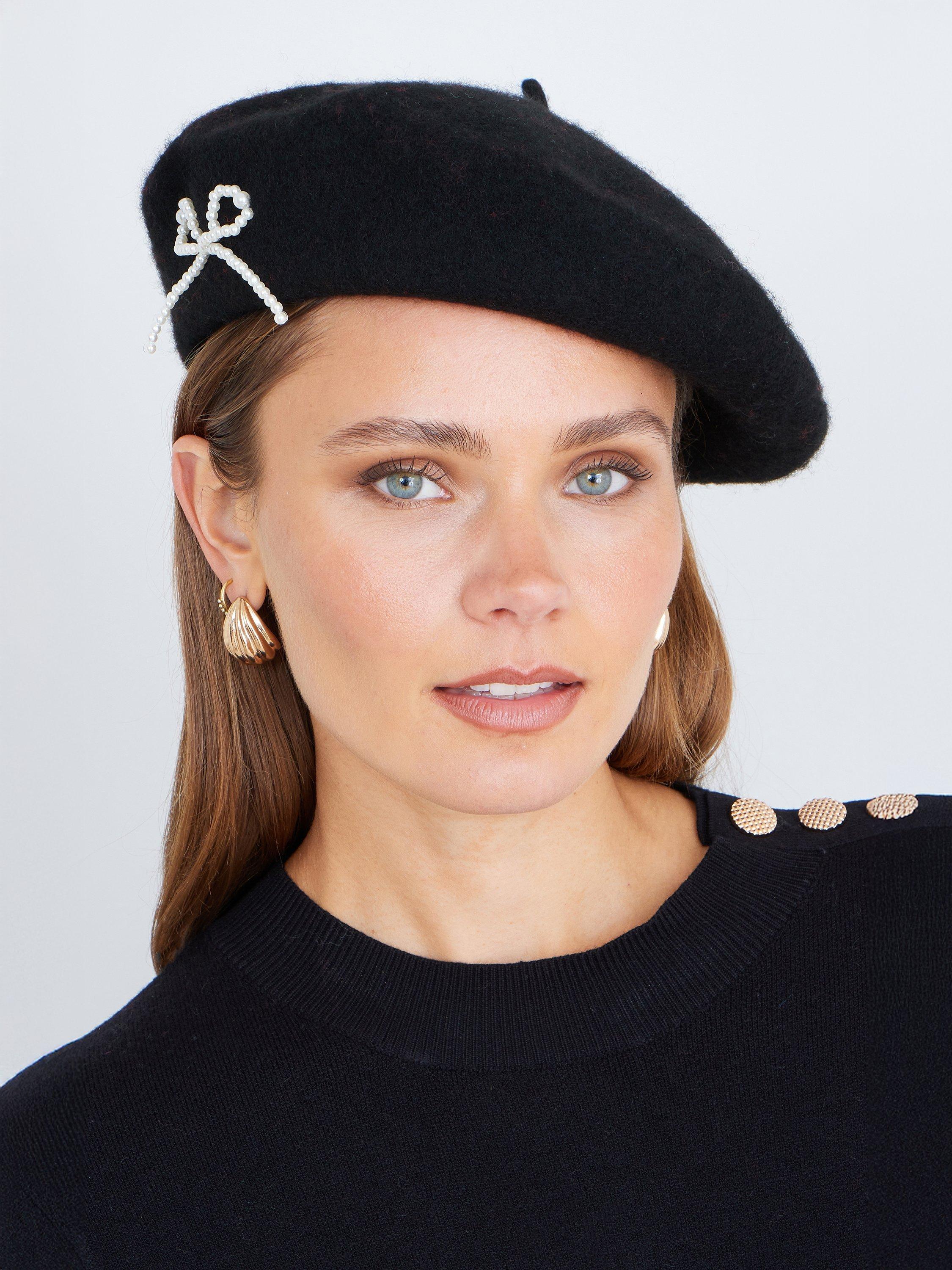 Product image 1 of 3, which shows Yumi Pearl Bow Beret, Black, One Size