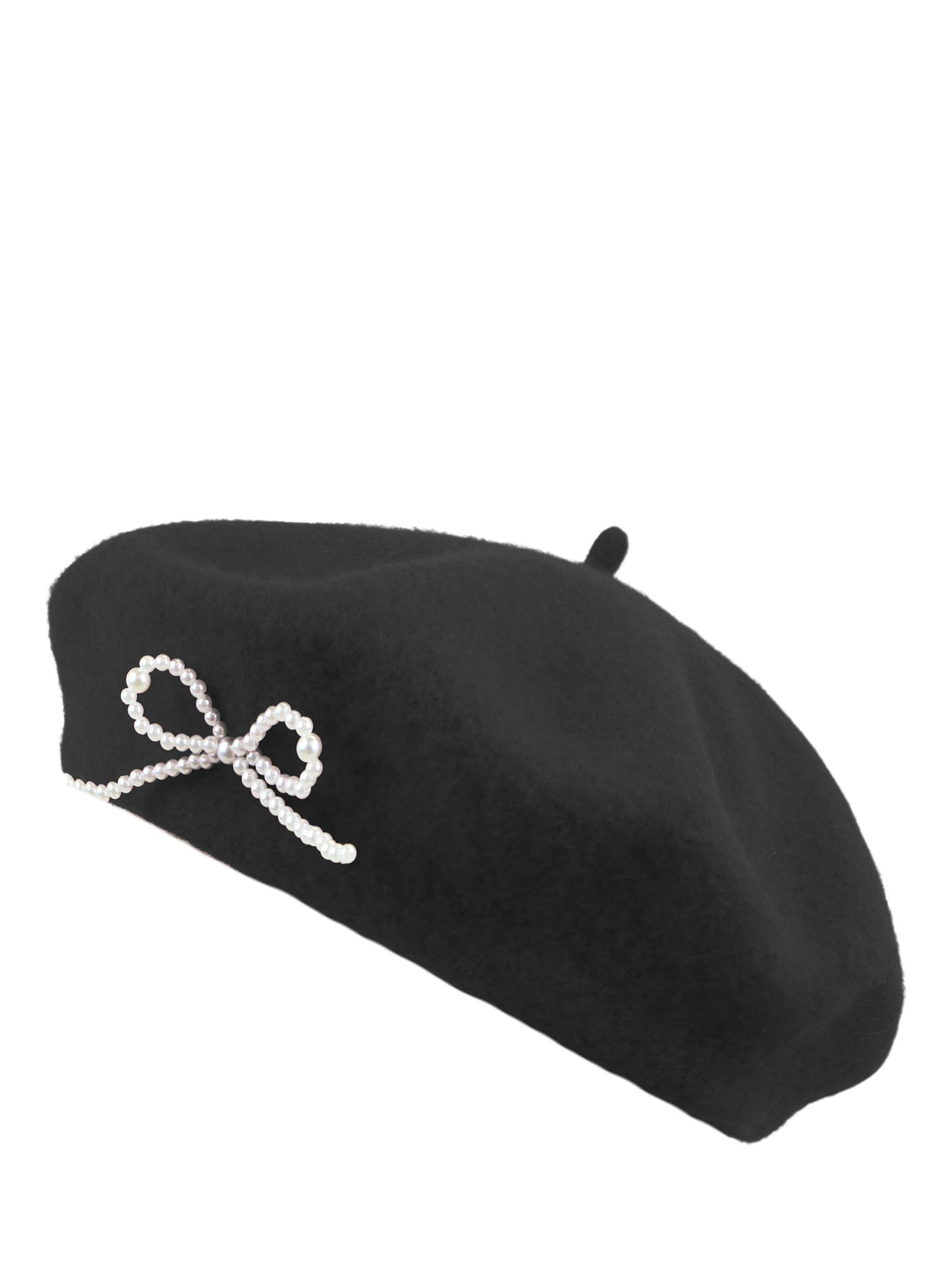 Product image 2 of 3, which shows Yumi Pearl Bow Beret, Black, One Size
