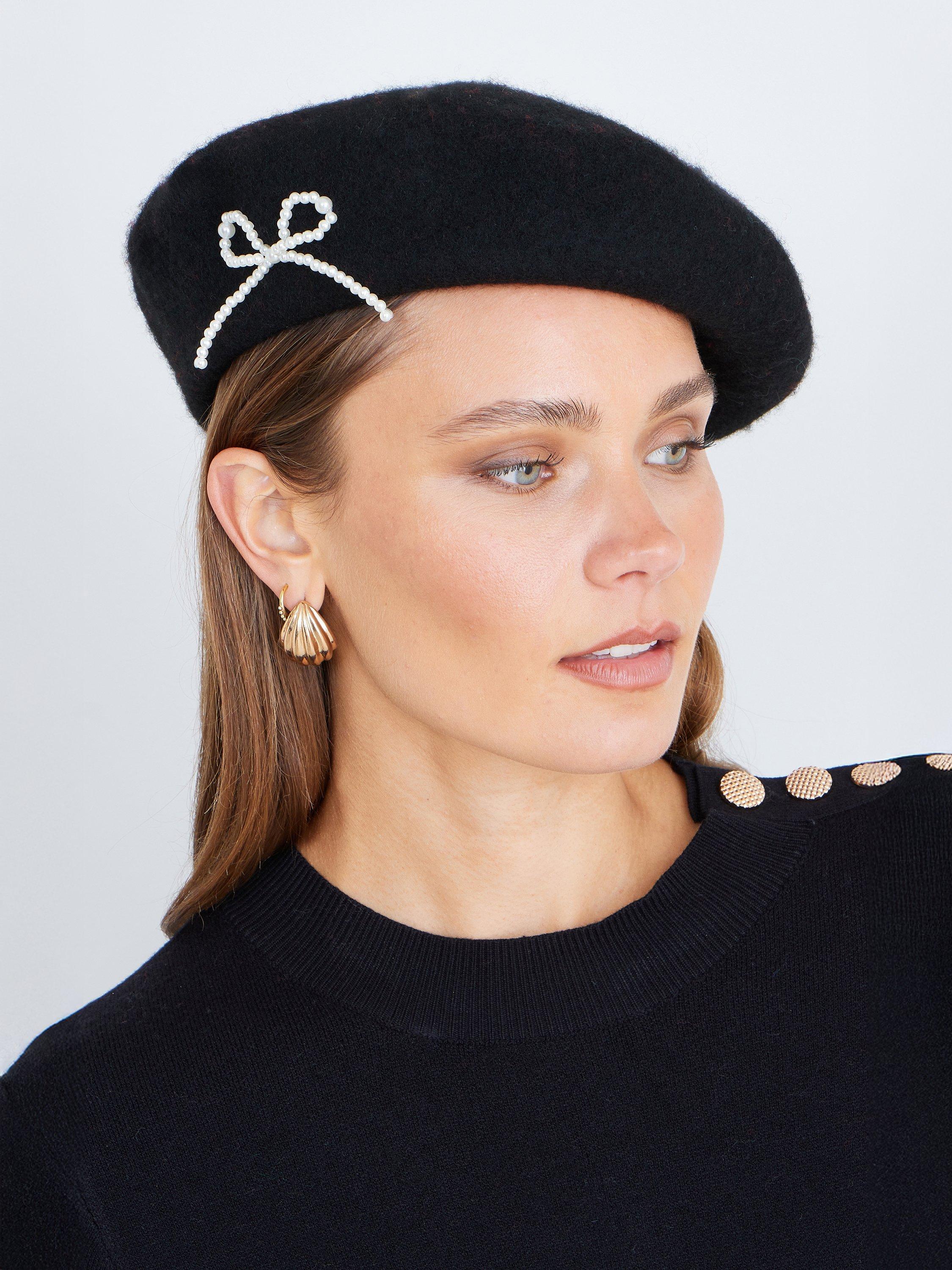 Product image 3 of 3, which shows Yumi Pearl Bow Beret, Black, One Size