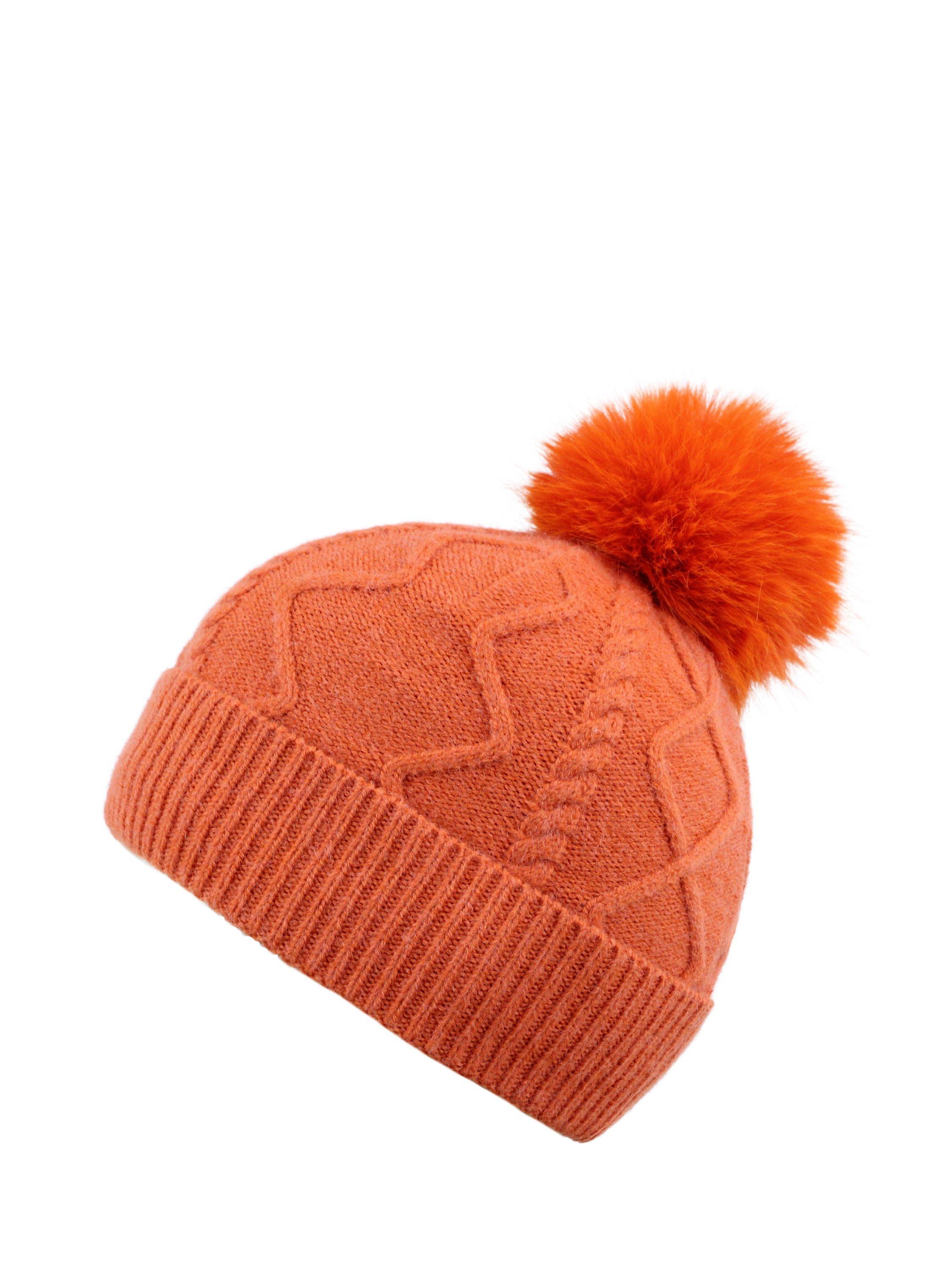 Product image 2 of 3, which shows Yumi Cable Knit Pom-Pom Hat, Orange, One Size