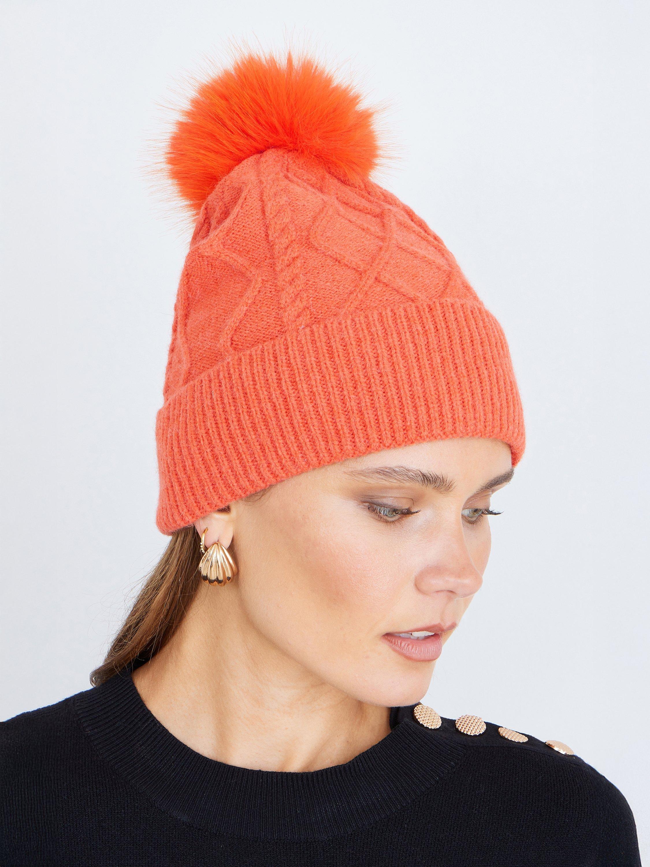 Product image 3 of 3, which shows Yumi Cable Knit Pom-Pom Hat, Orange, One Size