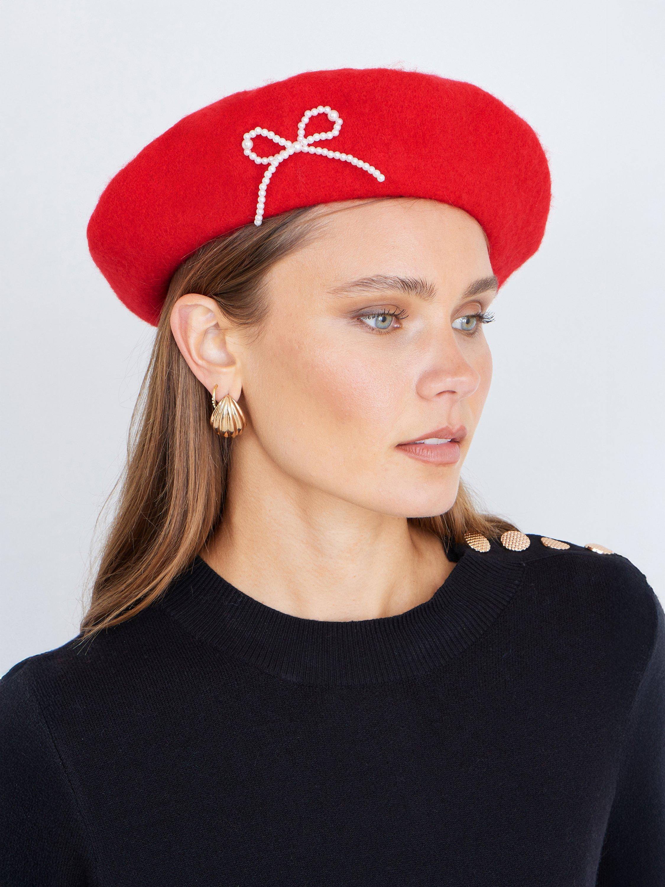 Product image 3 of 3, which shows Yumi Pearl Bow Beret, Red, One Size