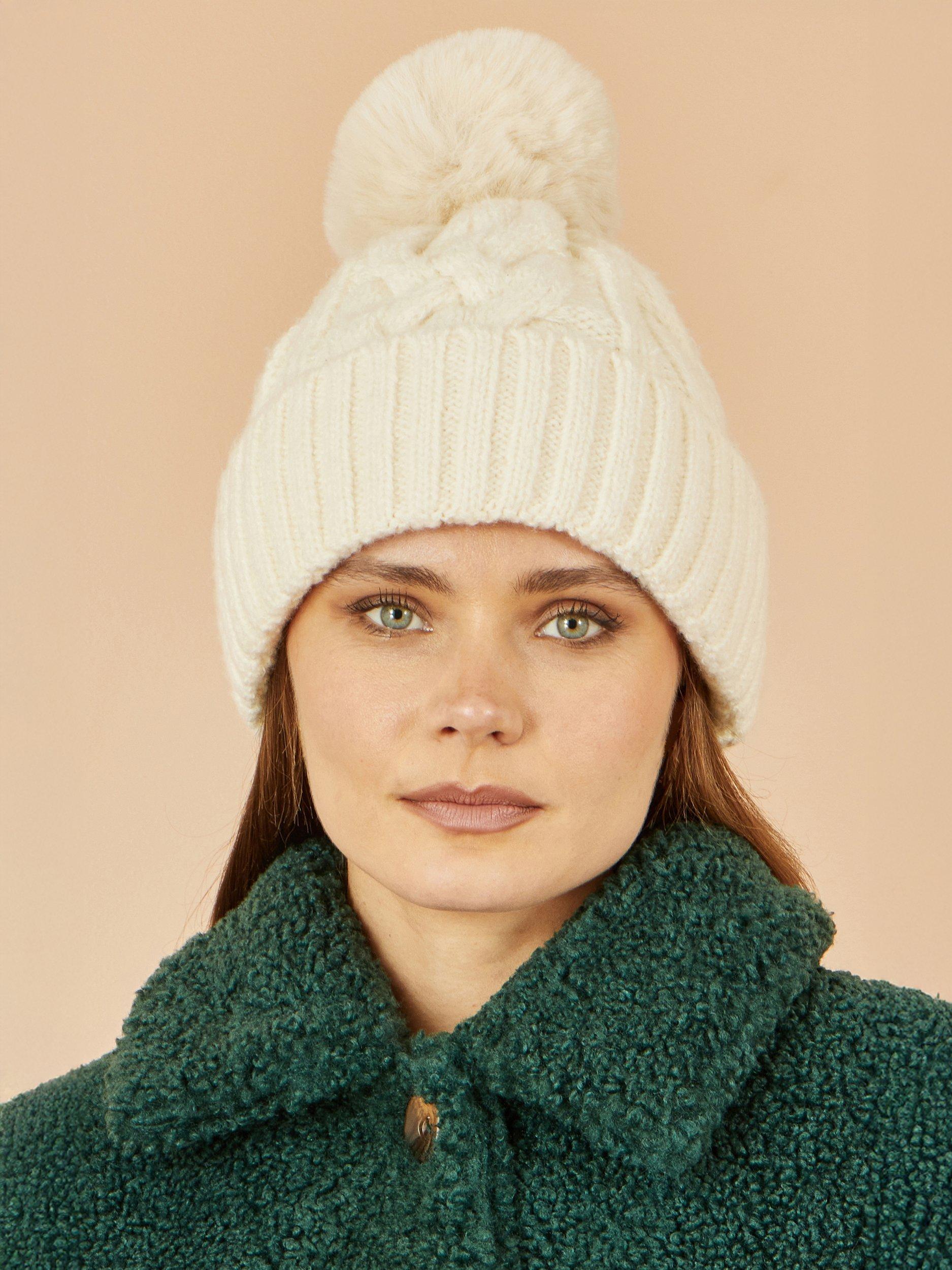Product image 1 of 2, which shows Yumi Cable Knit Pom-Pom Hat, White, One Size