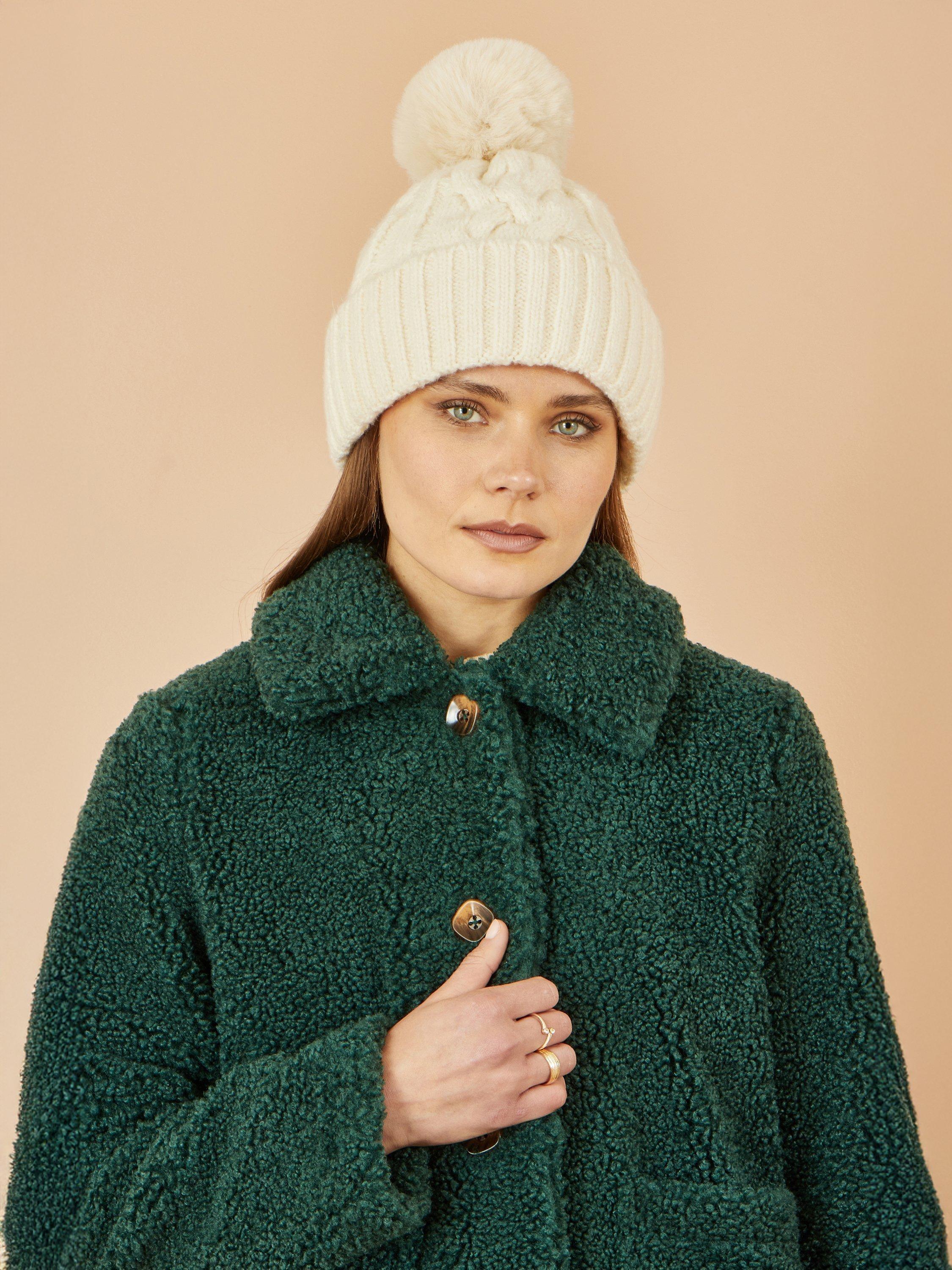 Product image 2 of 2, which shows Yumi Cable Knit Pom-Pom Hat, White, One Size