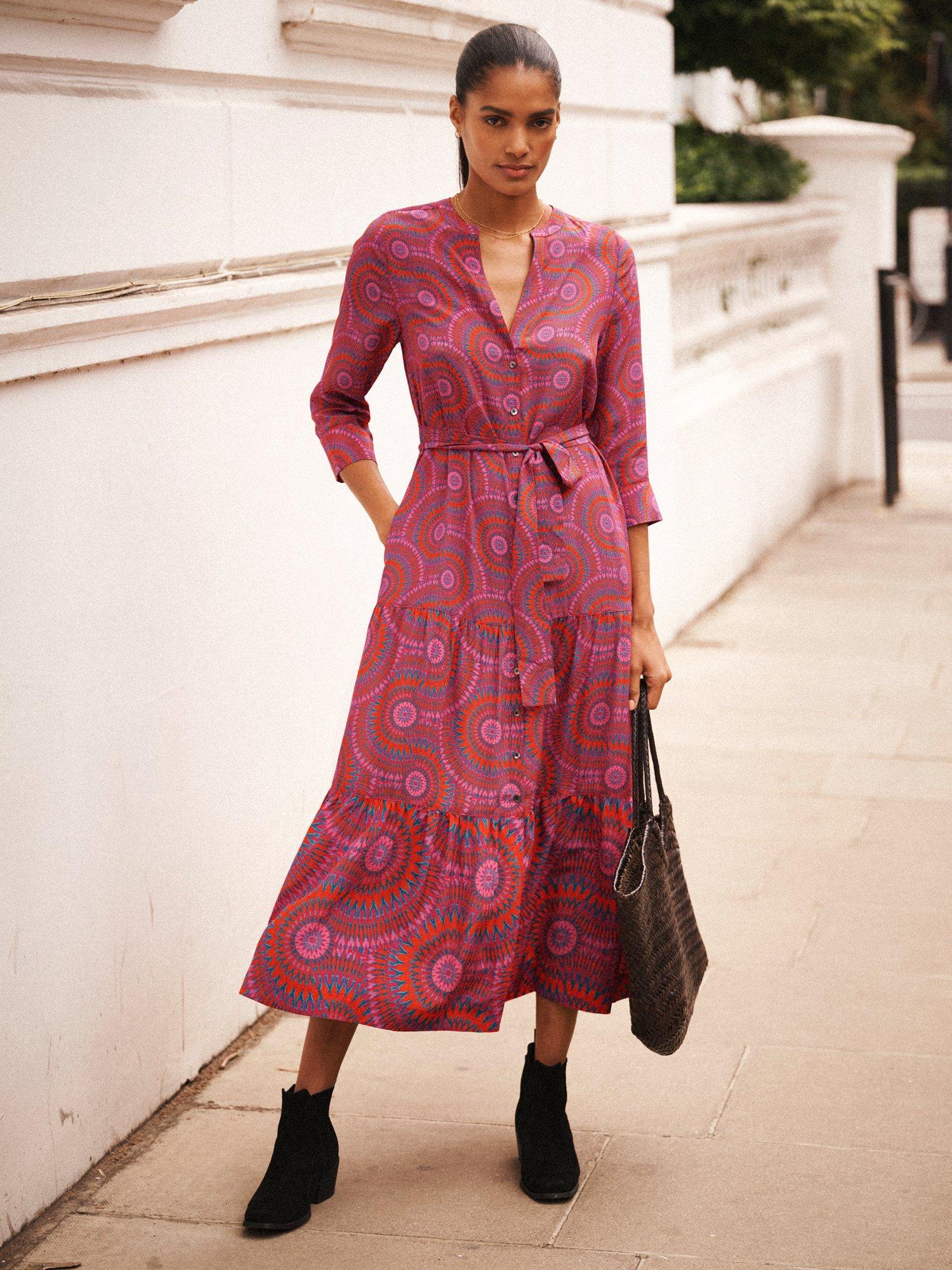 Product image 1 of 9, which shows NRBY Avery Batik Silk Midi Dress, Pink/Multi, XS