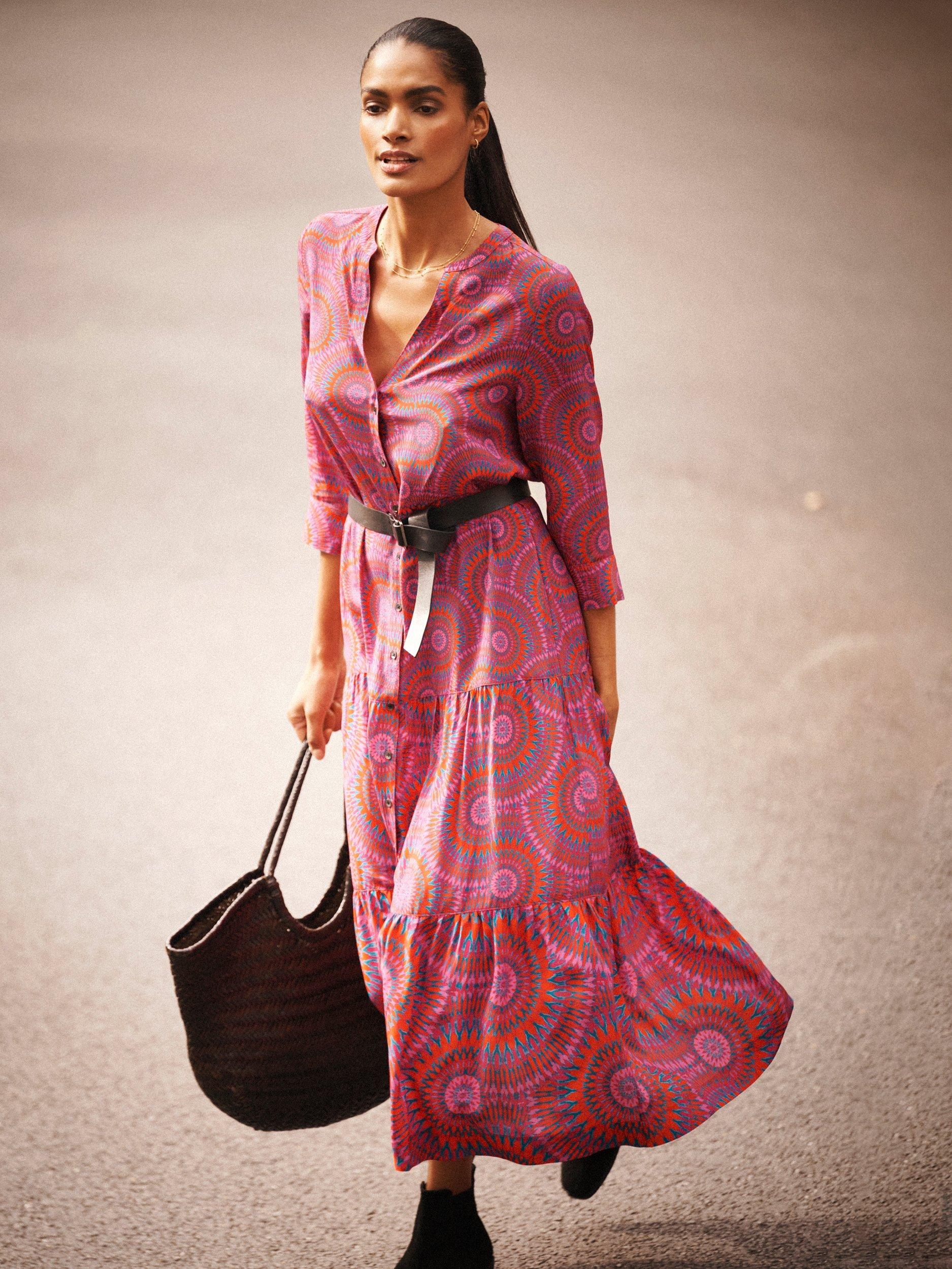Product image 4 of 9, which shows NRBY Avery Batik Silk Midi Dress, Pink/Multi, XS