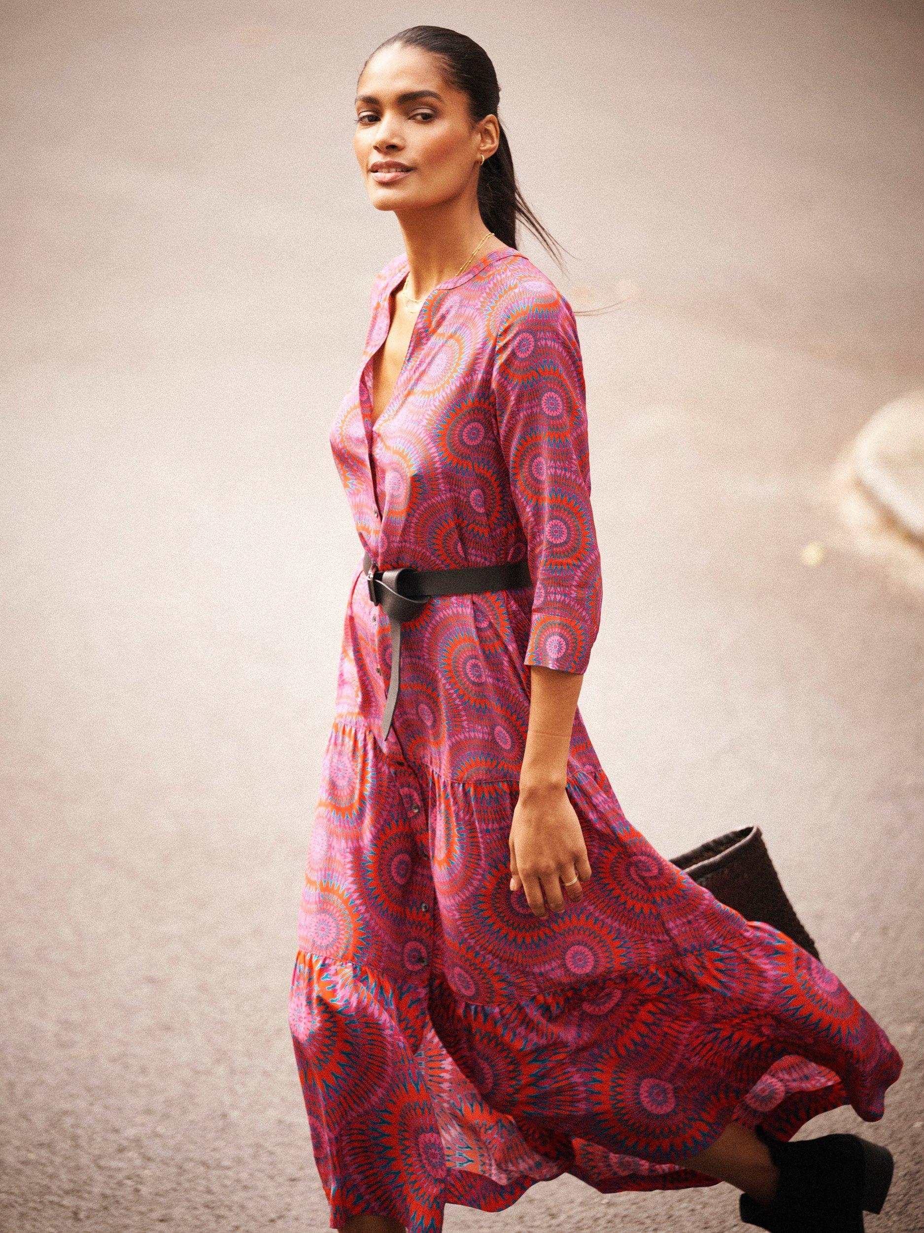 Product image 6 of 9, which shows NRBY Avery Batik Silk Midi Dress, Pink/Multi, XS