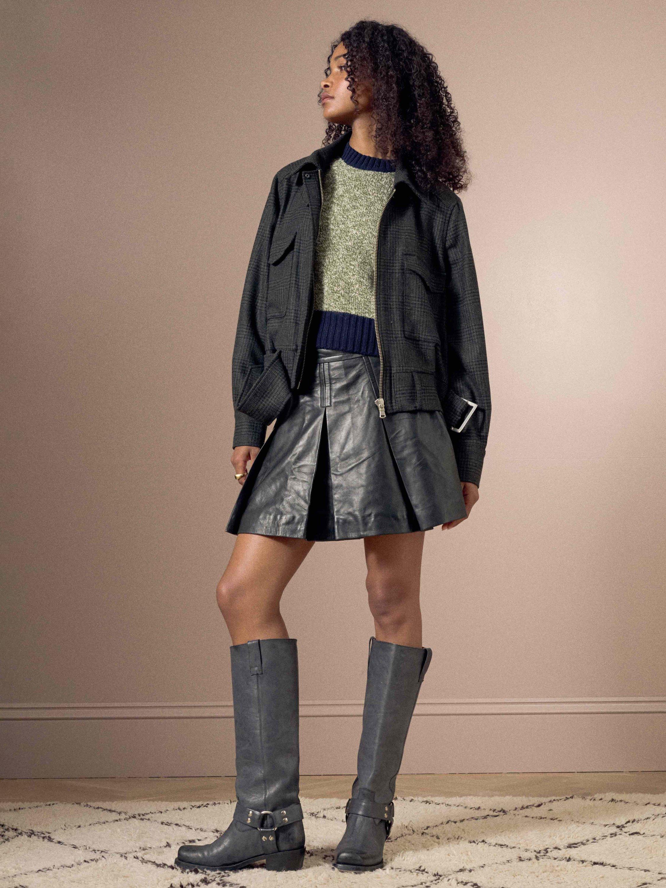 Product image 2 of 6, which shows Brora Check Pure Wool Bomber Jacket, Lead, 6