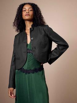 Brora Pinstripe Cropped Pure Wool Jacket, Black, Black