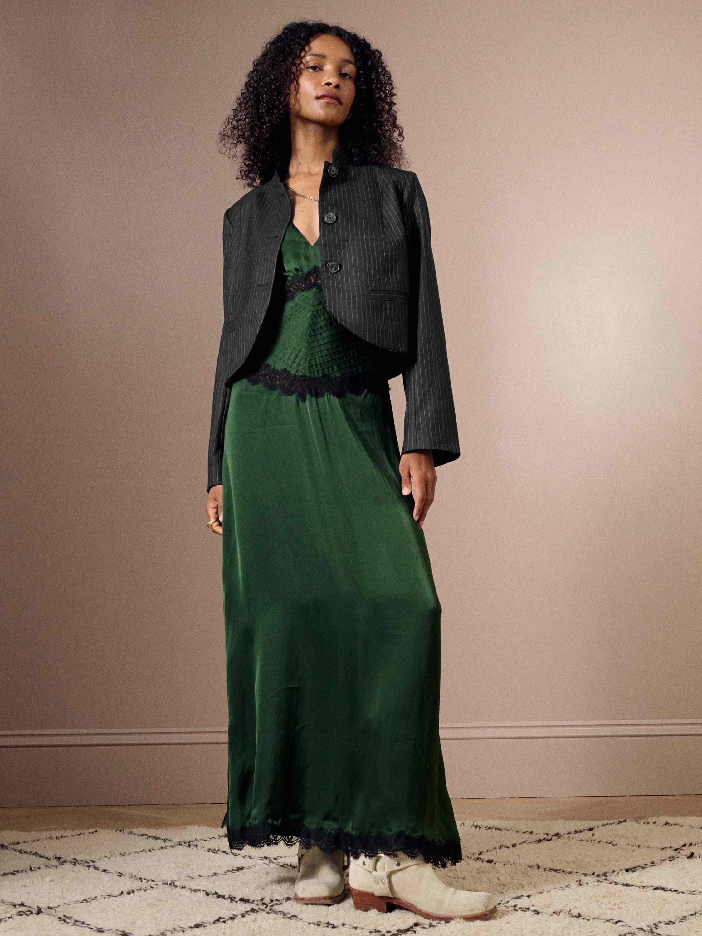 Product image 2 of 5, which shows Brora Pinstripe Cropped Pure Wool Jacket, Black, 6