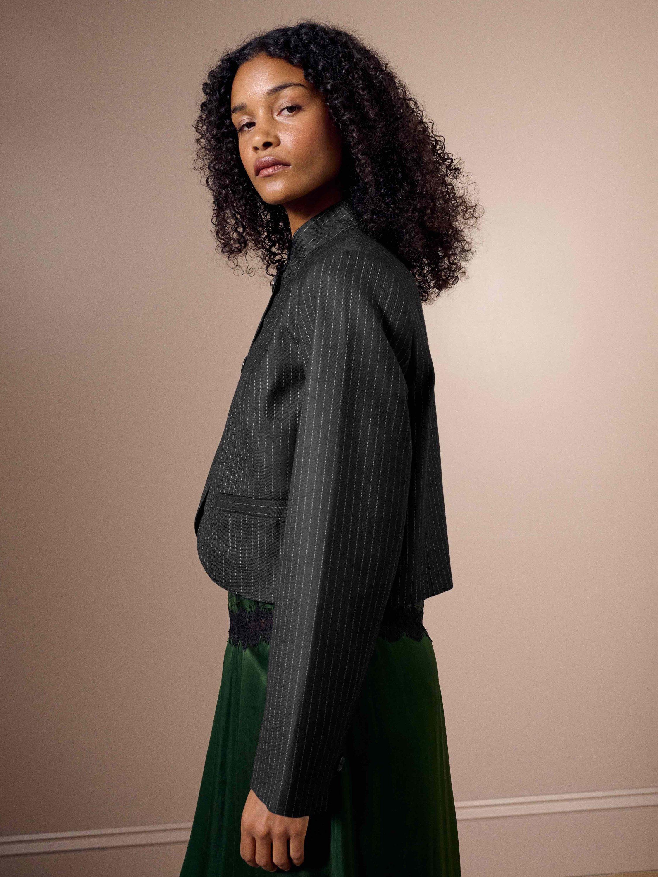 Product image 3 of 5, which shows Brora Pinstripe Cropped Pure Wool Jacket, Black, 6