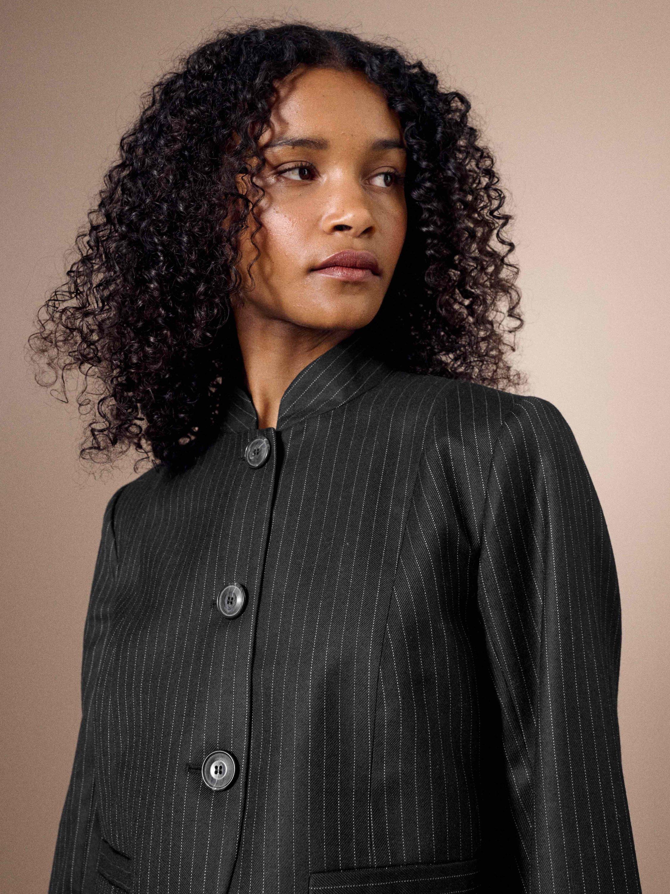 Product image 4 of 5, which shows Brora Pinstripe Cropped Pure Wool Jacket, Black, 6