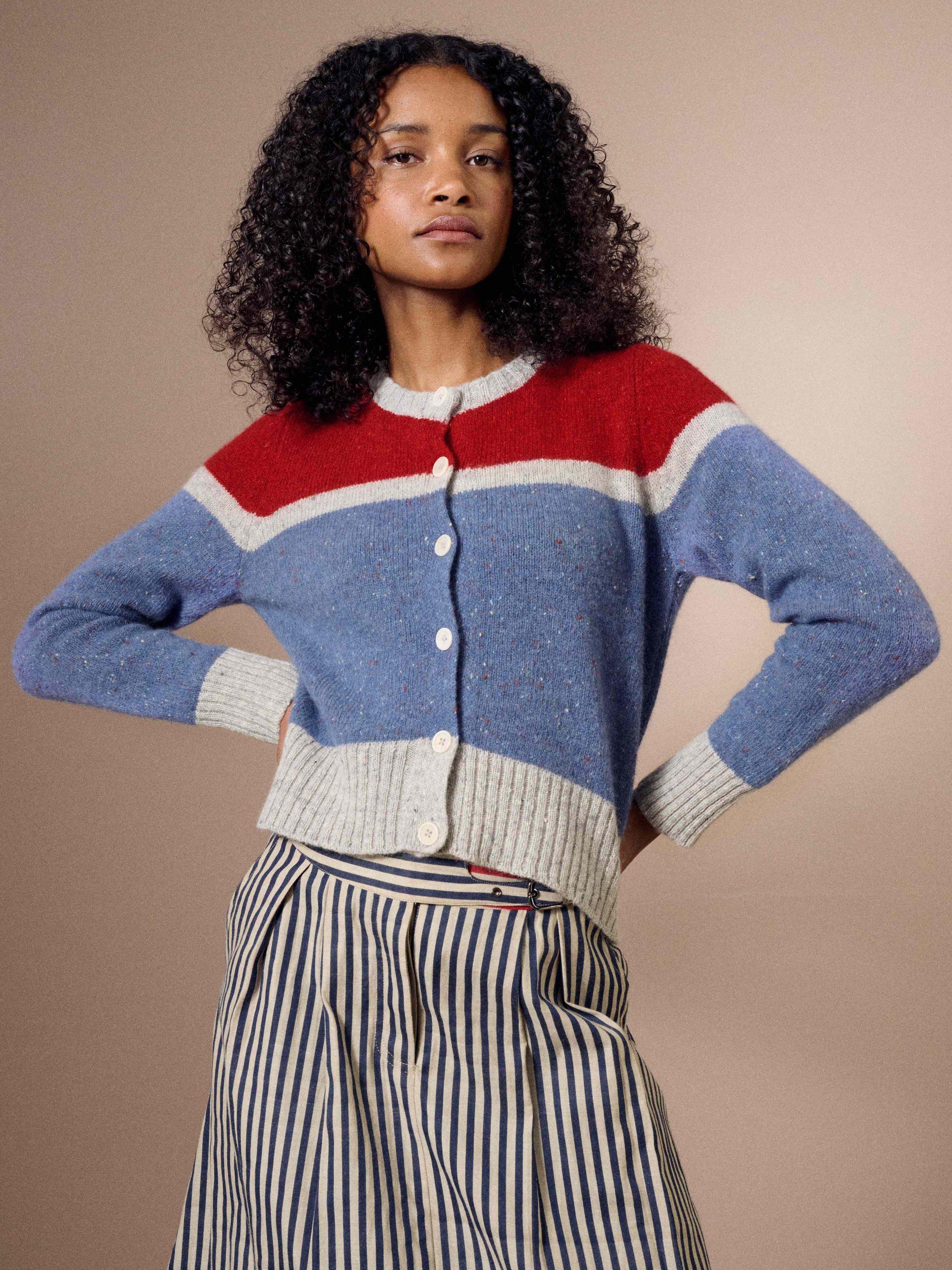 Product image 1 of 5, which shows Brora Colour Block Pure Wool Cardigan, Storm/Ruby, 8-10