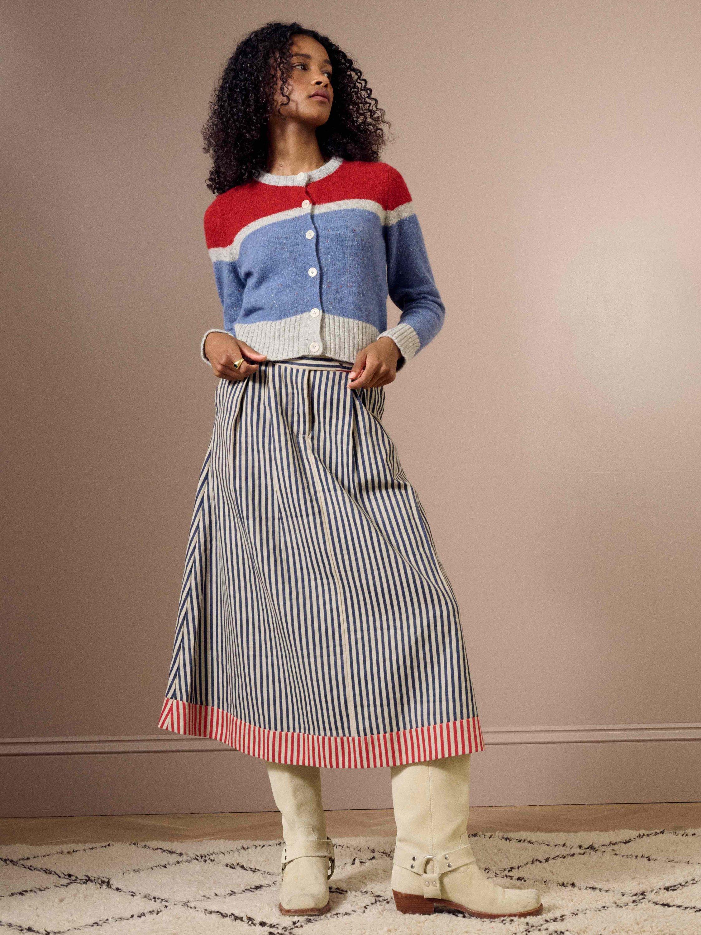 Product image 3 of 5, which shows Brora Colour Block Pure Wool Cardigan, Storm/Ruby, 8-10