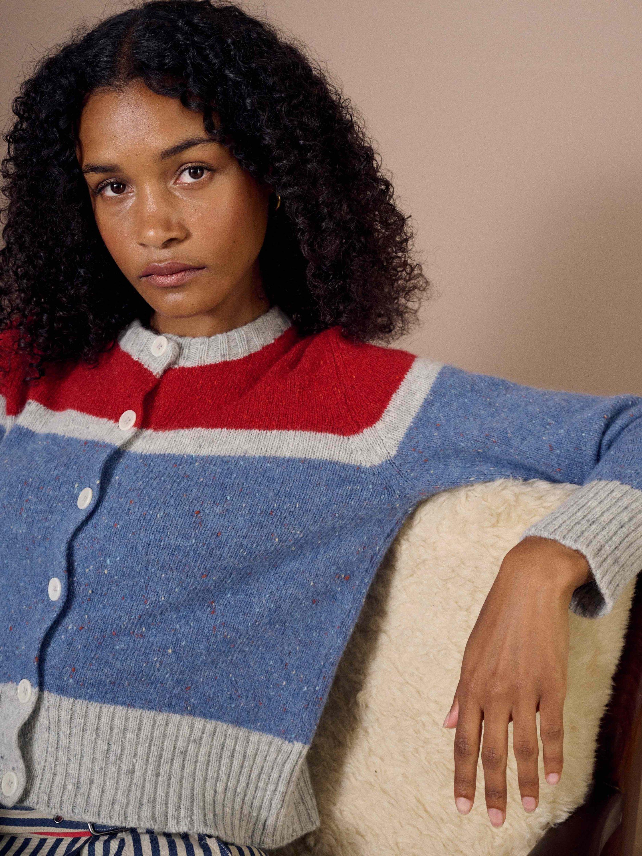 Product image 4 of 5, which shows Brora Colour Block Pure Wool Cardigan, Storm/Ruby, 8-10