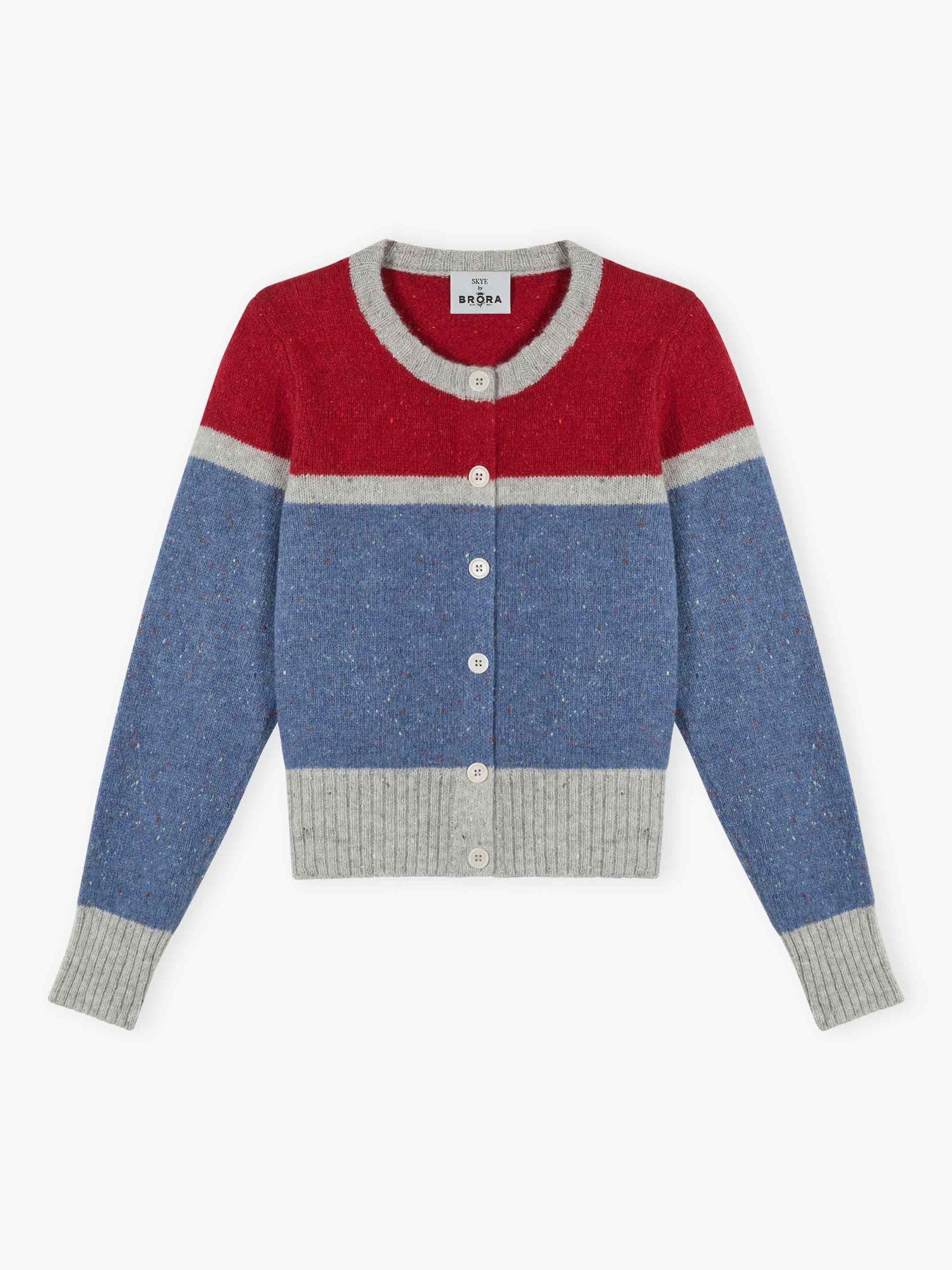 Product image 5 of 5, which shows Brora Colour Block Pure Wool Cardigan, Storm/Ruby, 8-10