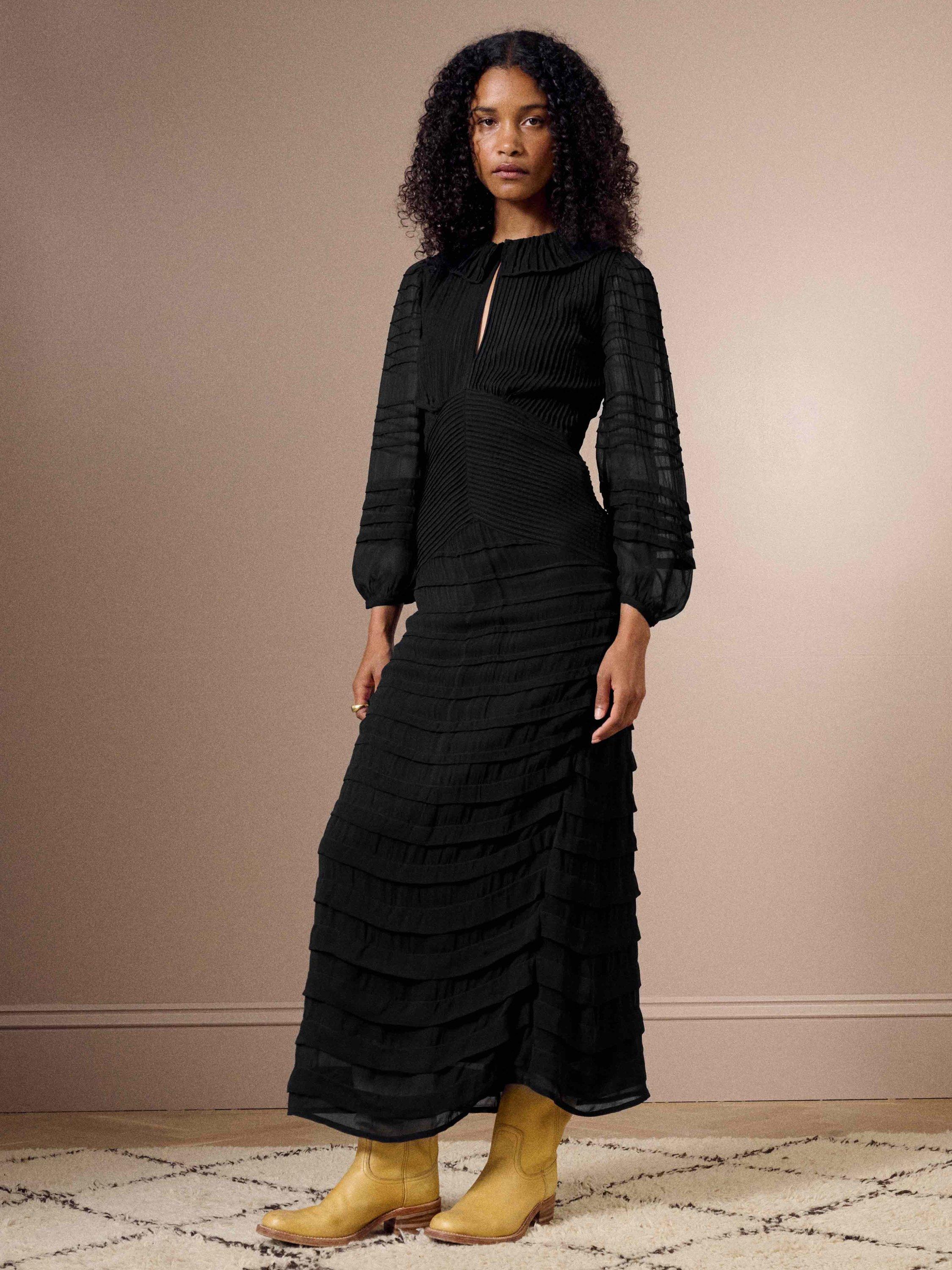 Product image 1 of 6, which shows Brora Pintuck Frill Collar Maxi Dress, Black, 6