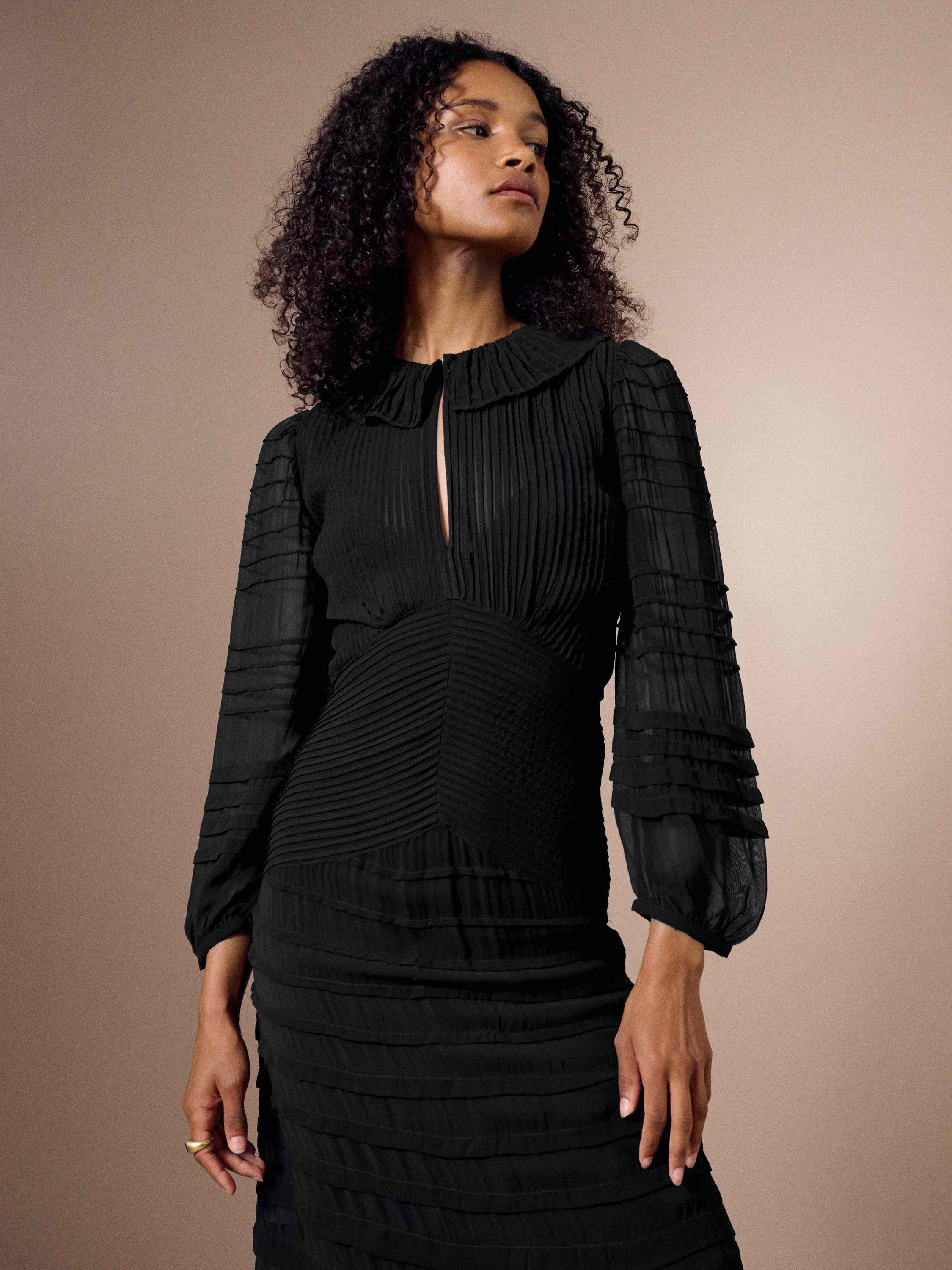 Product image 3 of 6, which shows Brora Pintuck Frill Collar Maxi Dress, Black, 6