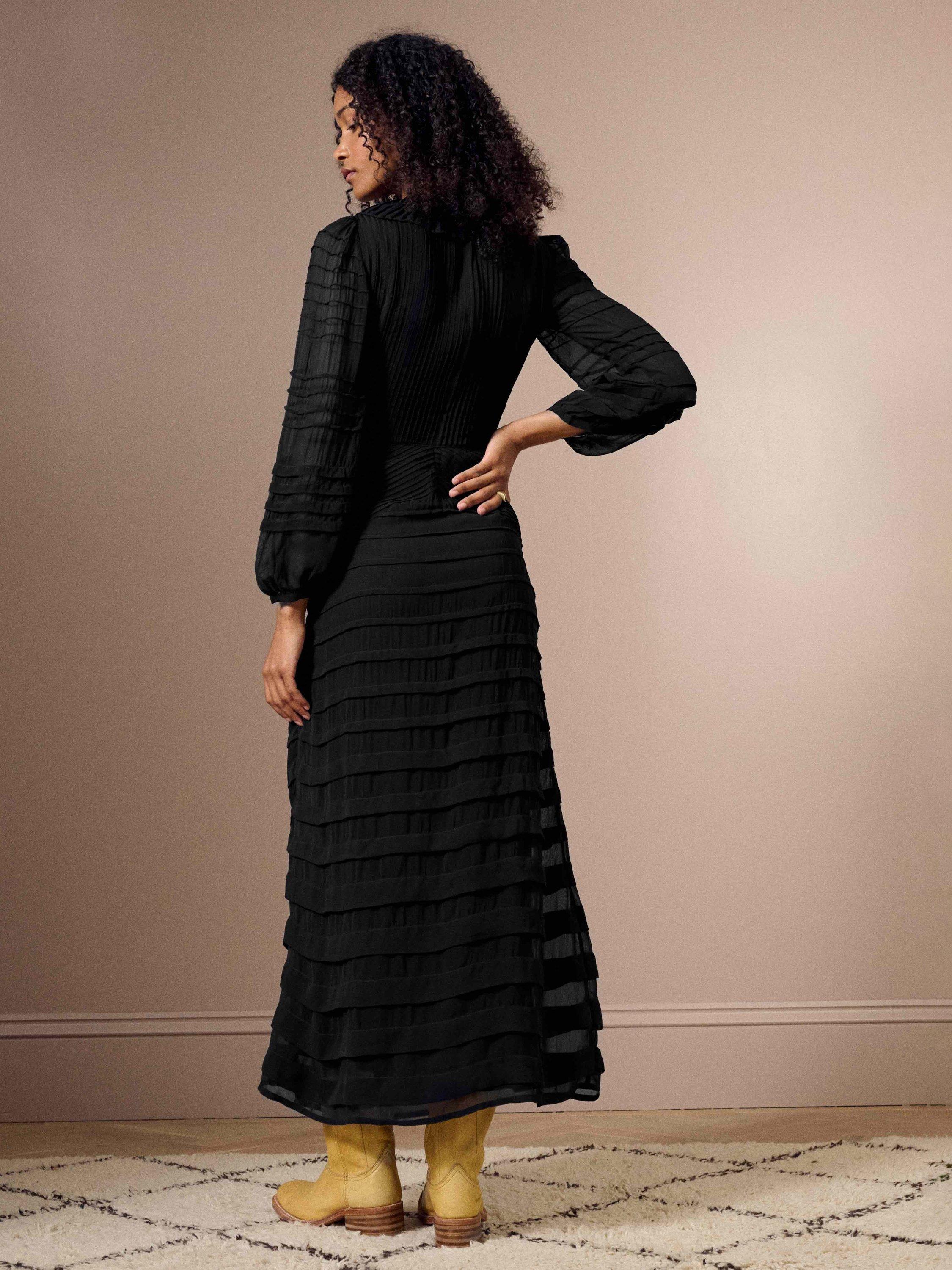Product image 5 of 6, which shows Brora Pintuck Frill Collar Maxi Dress, Black, 6