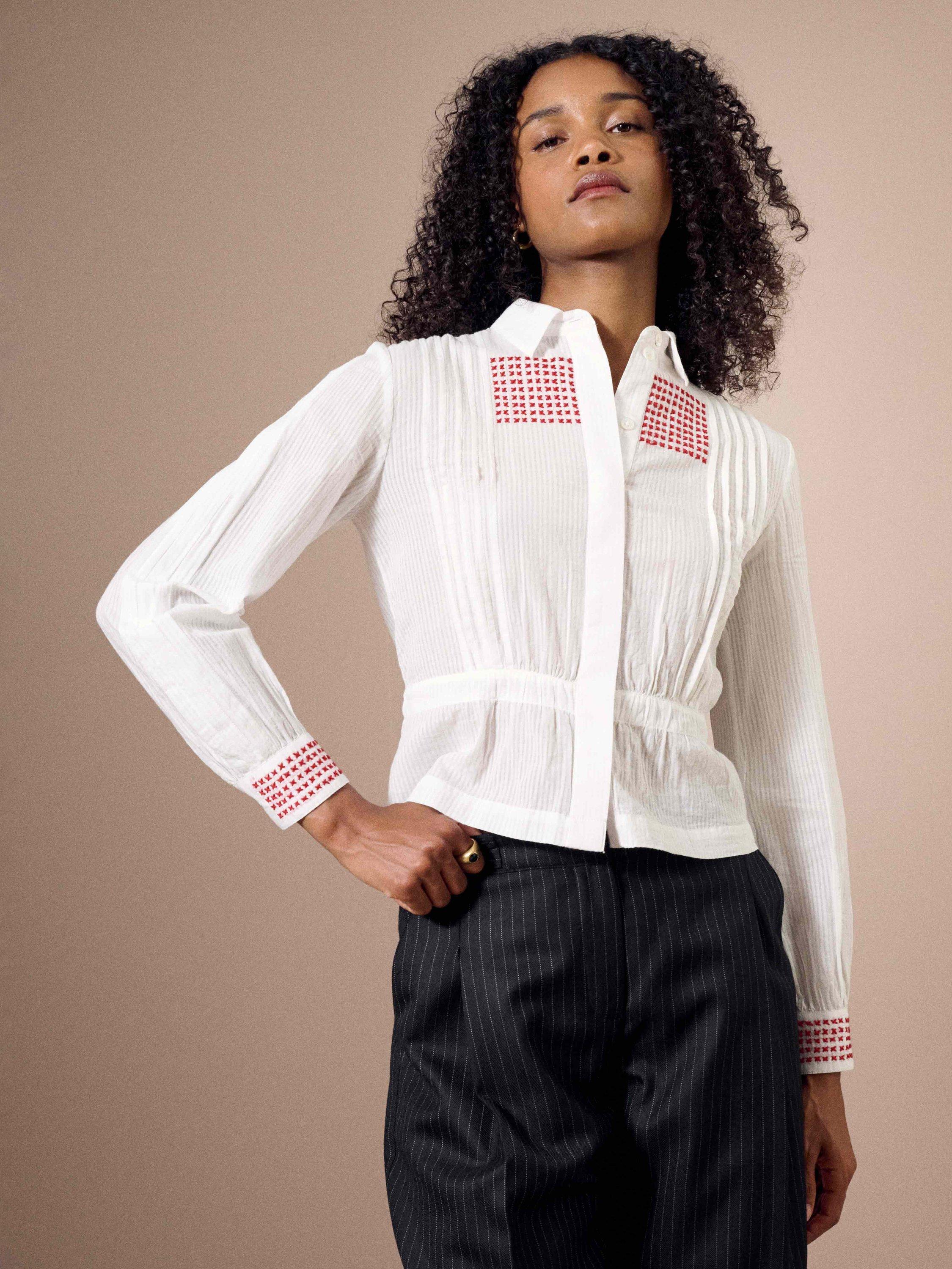 Product image 1 of 5, which shows Brora Cross Stitch Embroidered Shirt, White, 6